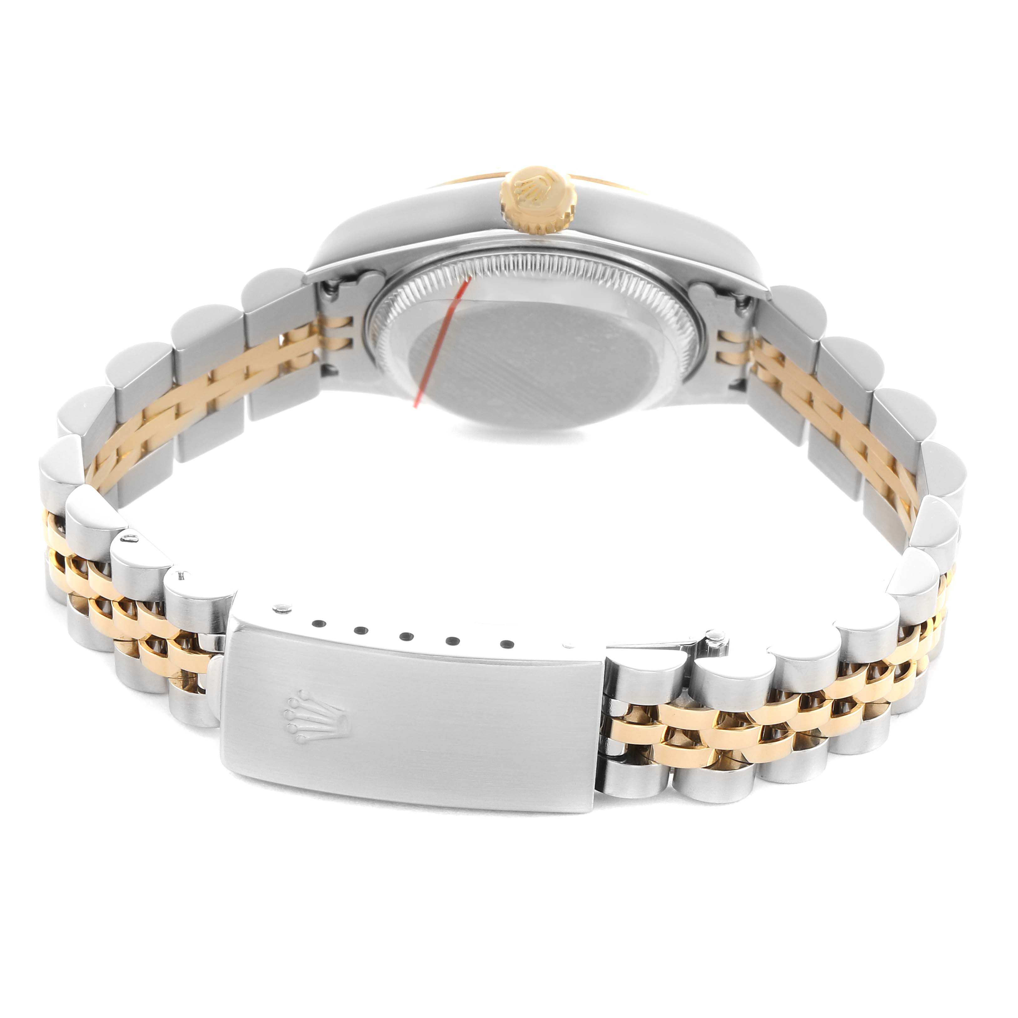 The image shows the back of a Rolex Datejust 79173 Women's Steel and Gold (two tone) Champagne Dial, displaying the case back, crown, and two-tone bracelet with clasp.
