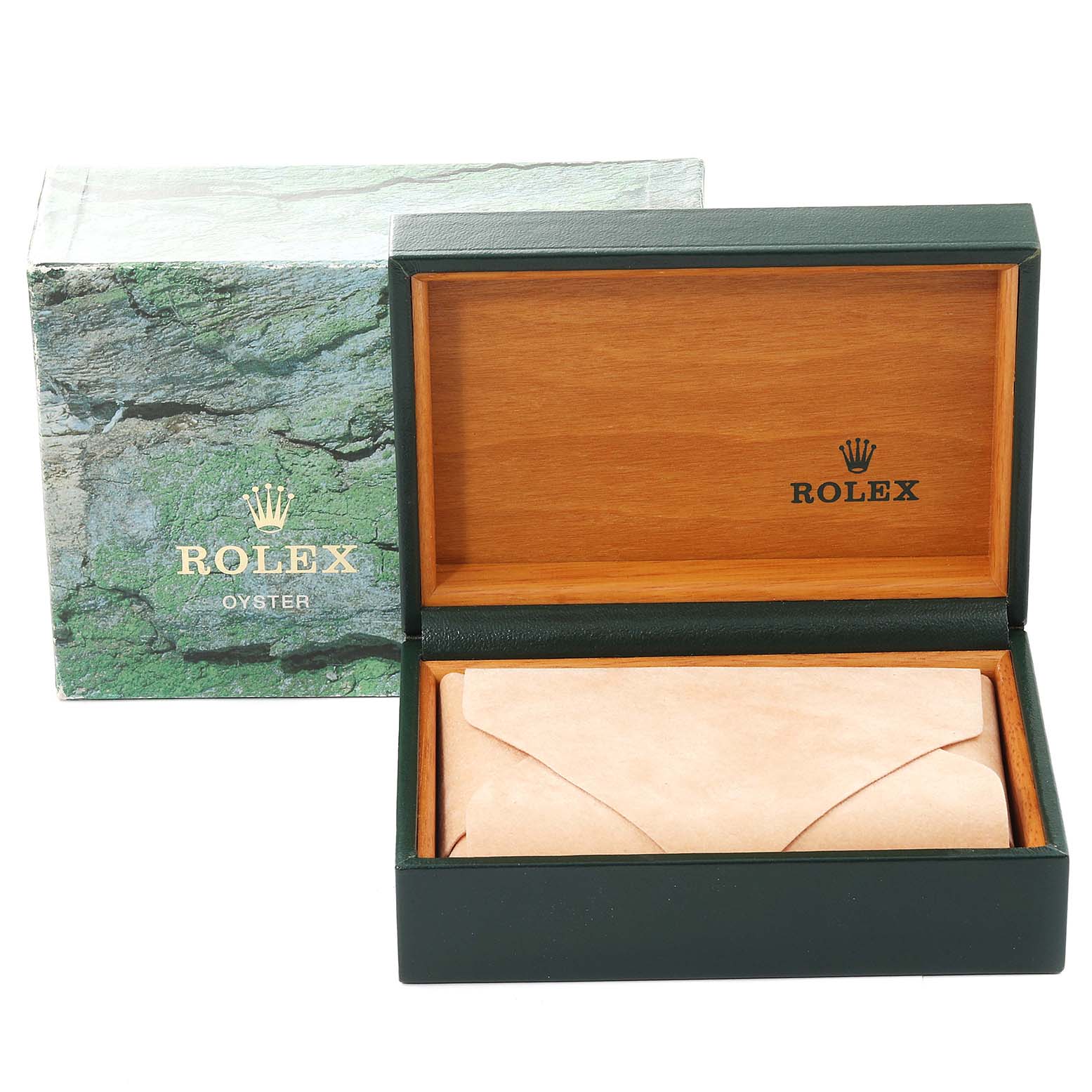 The image shows an open Rolex Datejust 16233 Men's Steel and Gold (two tone) Silver Dial 16233 Men's Steel and Gold (two tone) Silver Dial watch box and packaging from an upper-front angle.