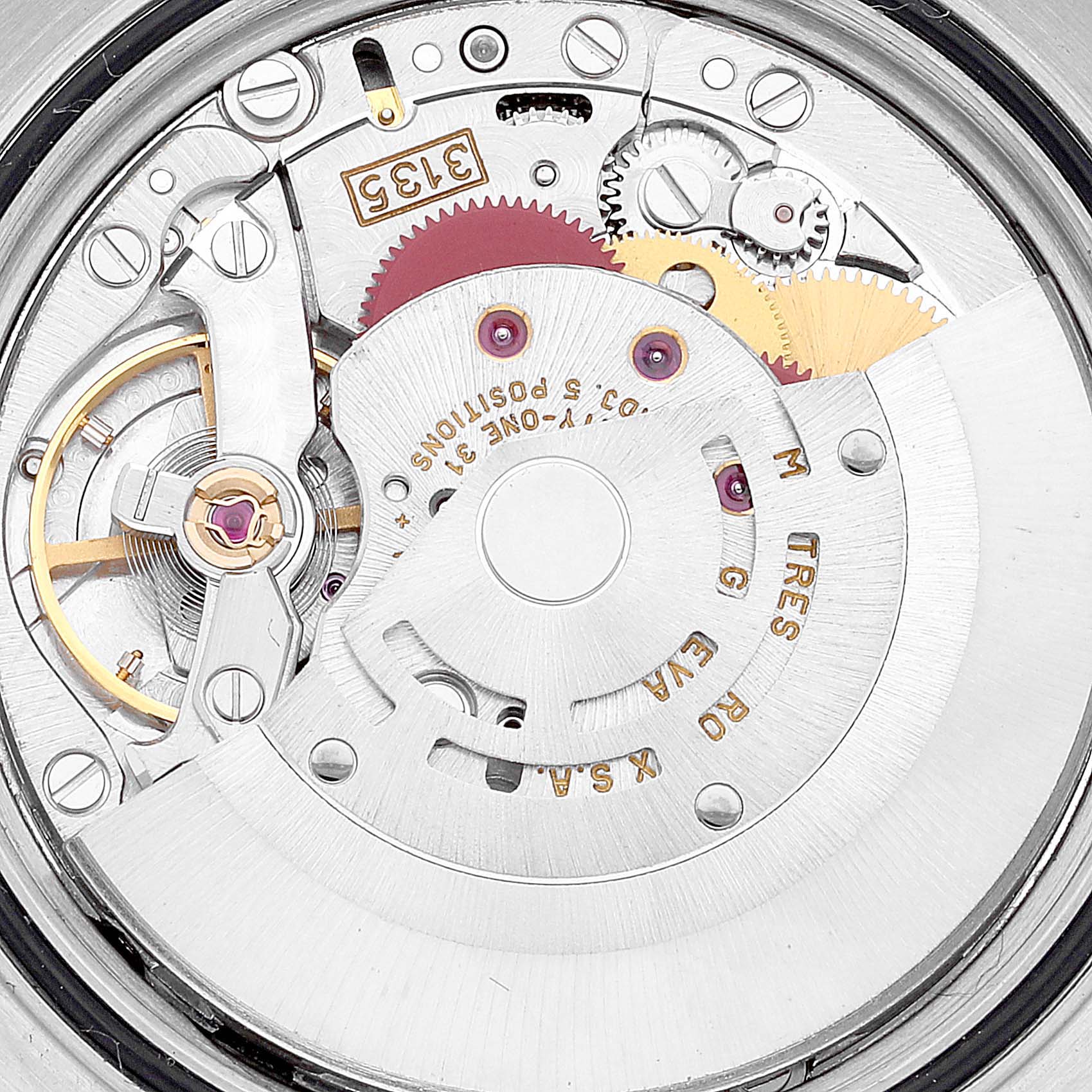 This image shows the internal mechanism and movement parts of a Rolex Datejust 16233 Men's Steel and Gold (two tone) Silver Dial 16233 Men's Steel and Gold (two tone) Silver Dial watch, including gears and the rotor.
