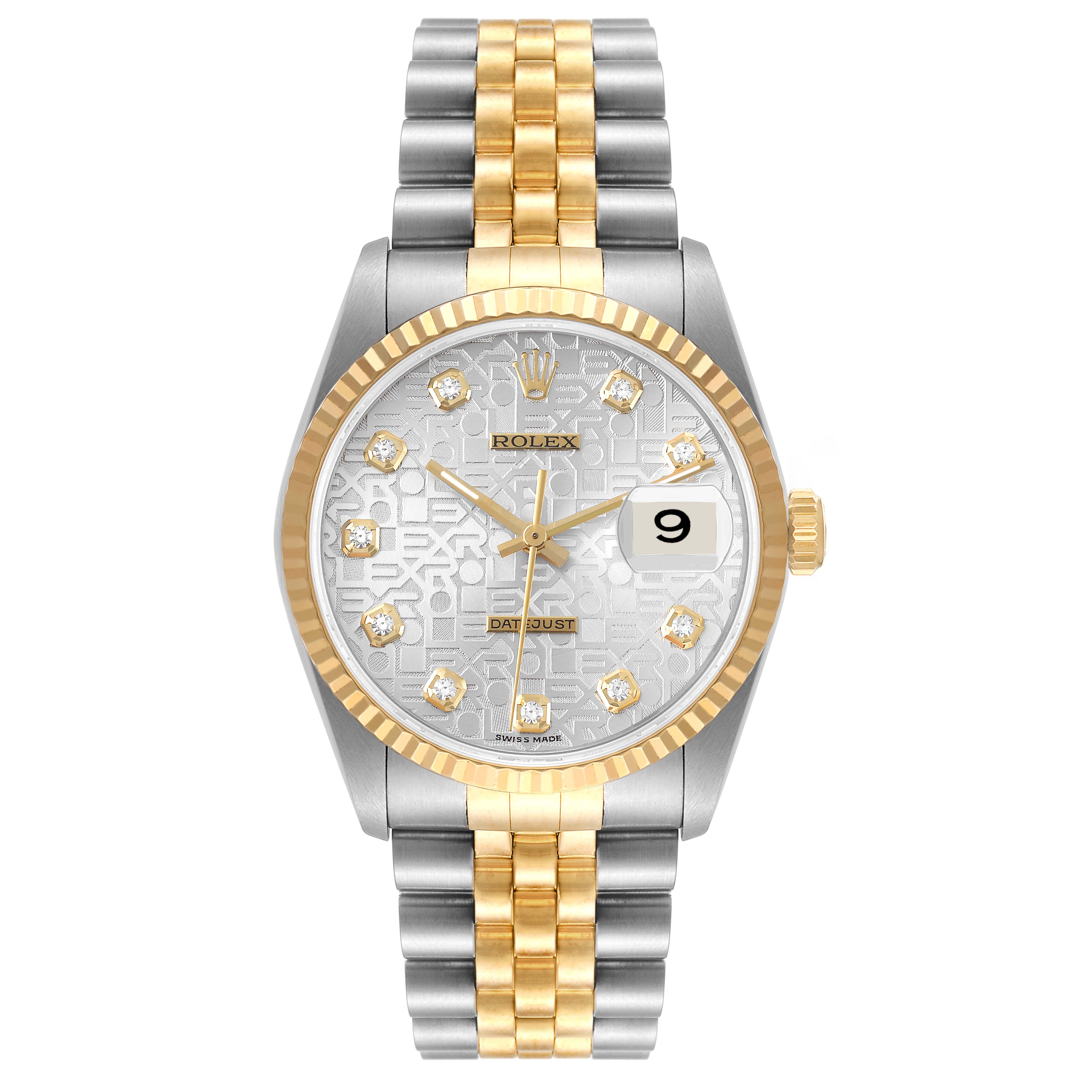 This image shows a front view of the Rolex Datejust 16233 Men's Steel and Gold (two tone) Silver Dial 16233 Men's Steel and Gold (two tone) Silver Dial watch, highlighting its two-tone bracelet, dial, and date display.