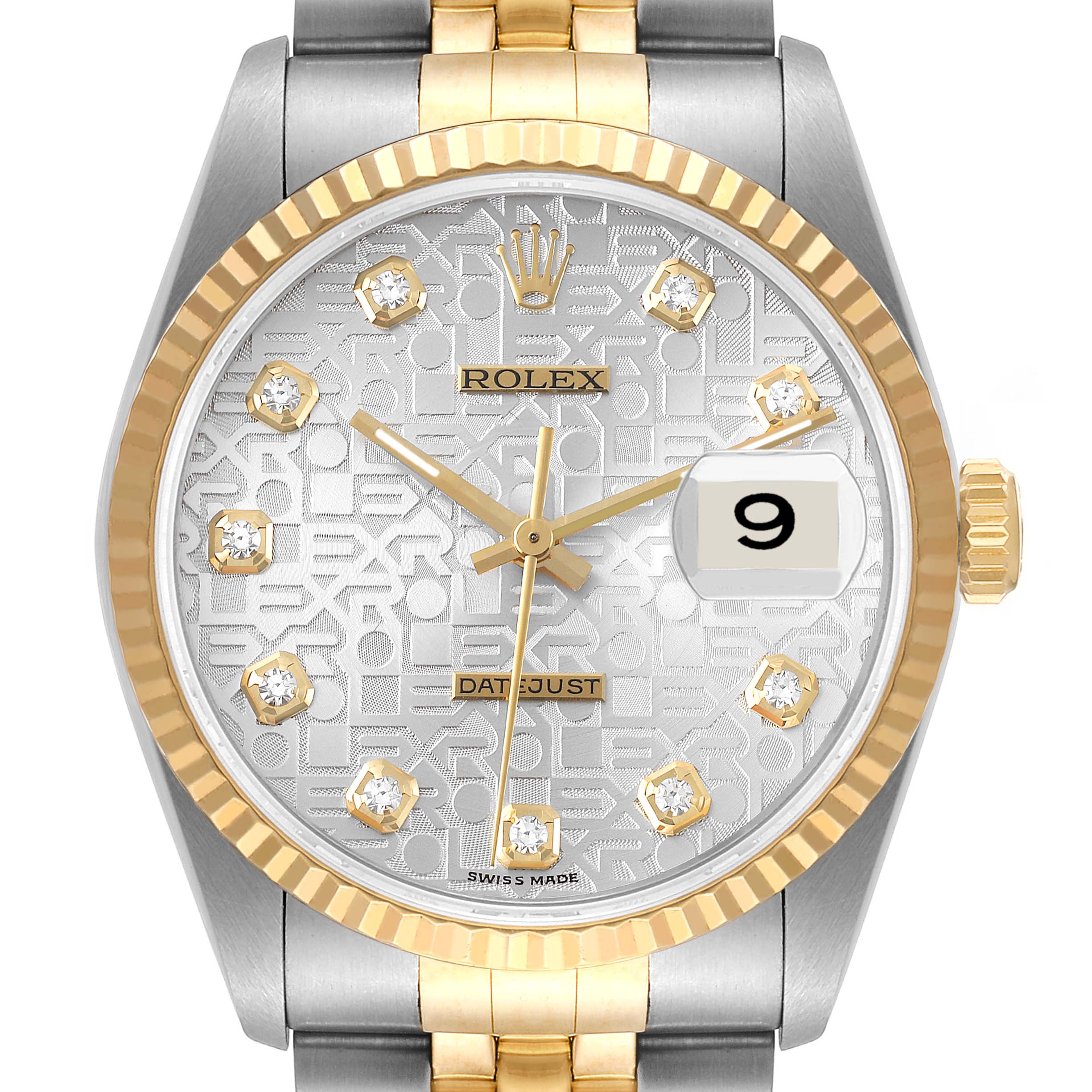 The image shows a frontal view of a Rolex Datejust 16233 Men's Steel and Gold (two tone) Silver Dial 16233 Men's Steel and Gold (two tone) Silver Dial watch, featuring a silver dial with gold hour markers and a gold and silver bracelet.