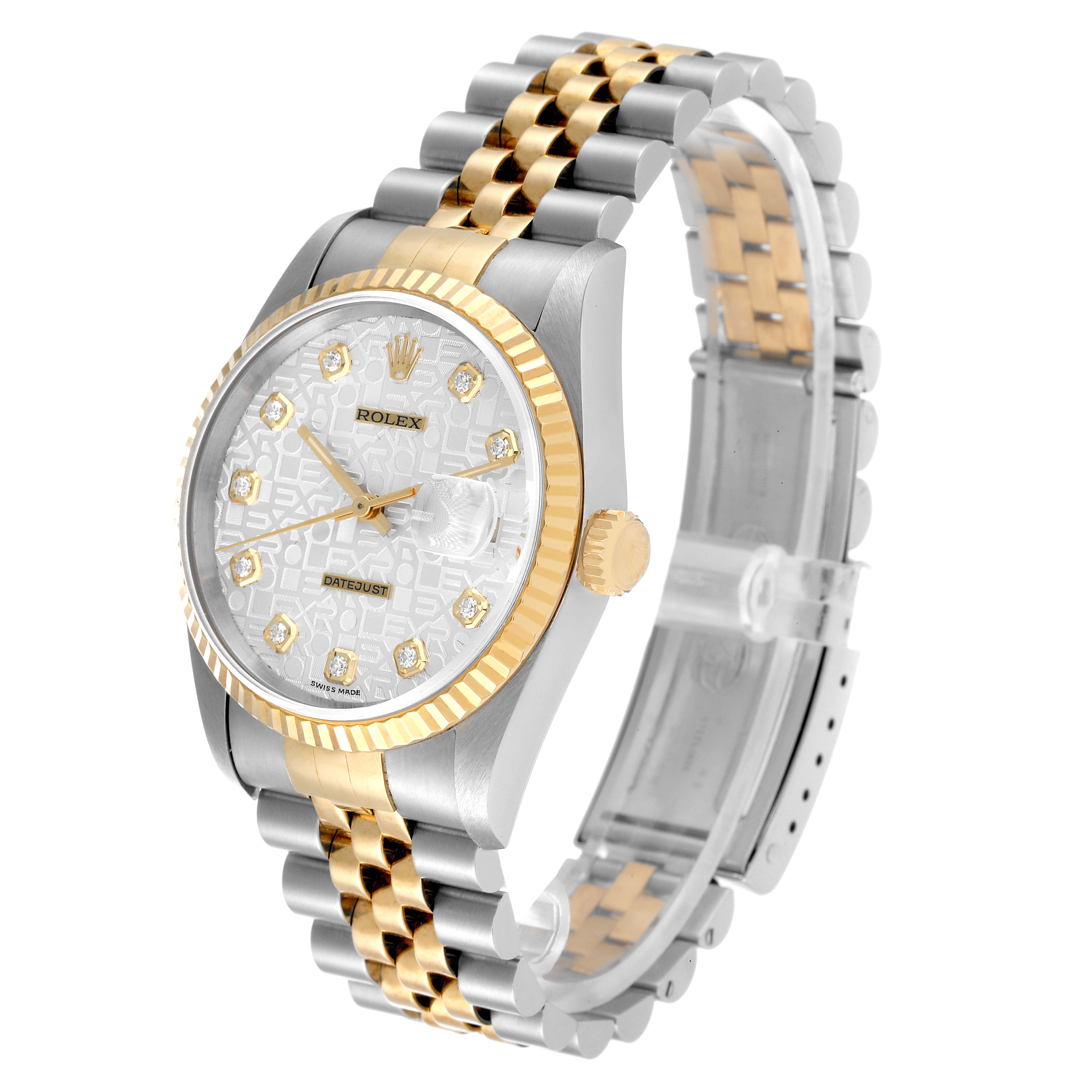 This image shows a Rolex Datejust 16233 Men's Steel and Gold (two tone) Silver Dial 16233 Men's Steel and Gold (two tone) Silver Dial watch at an angled front view, highlighting its two-tone bracelet, bezel, and diamond-set dial.