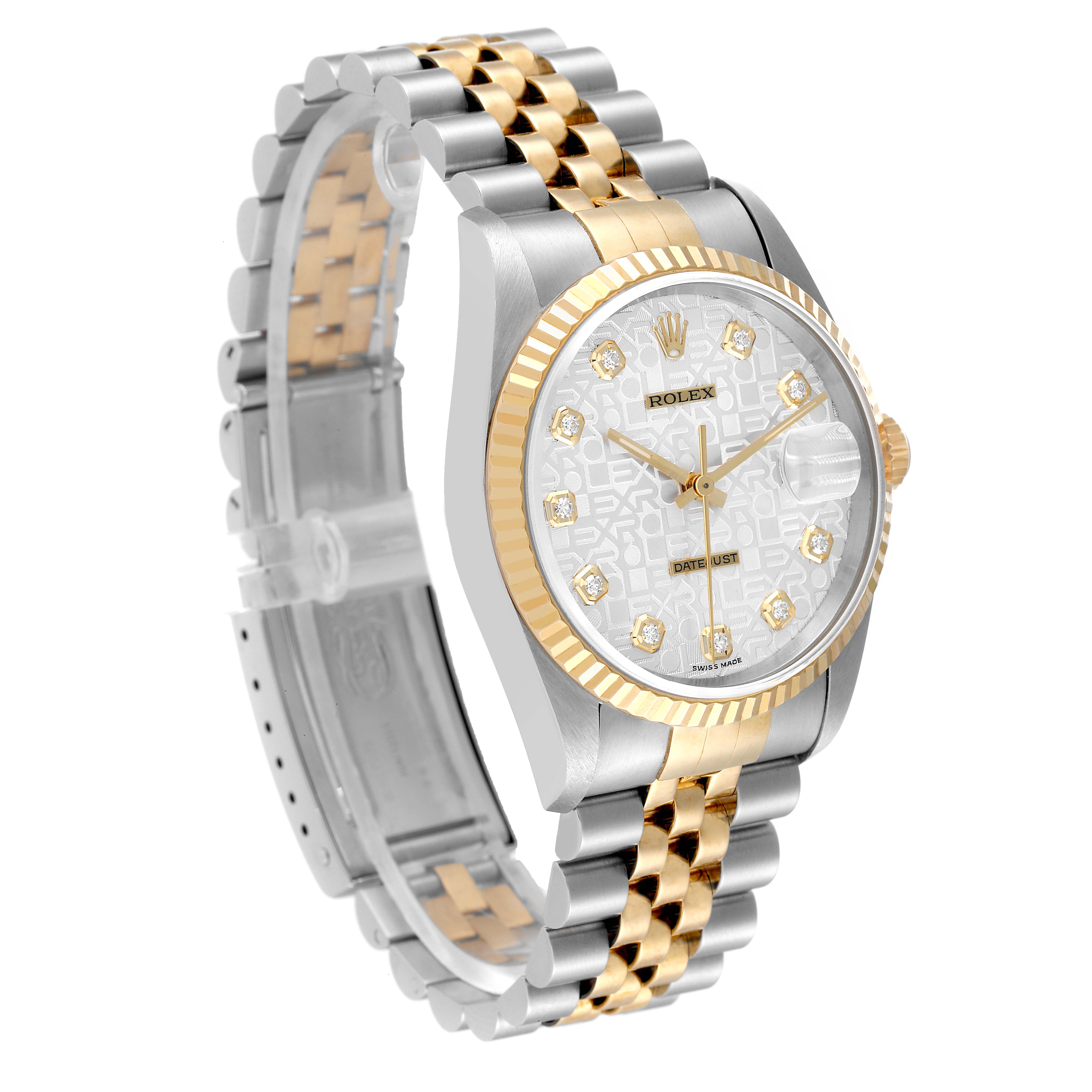 The Rolex Datejust 16233 Men's Steel and Gold (two tone) Silver Dial 16233 Men's Steel and Gold (two tone) Silver Dial watch is shown at a slight angle, highlighting its gold and silver bracelet, bezel, and detailed dial.