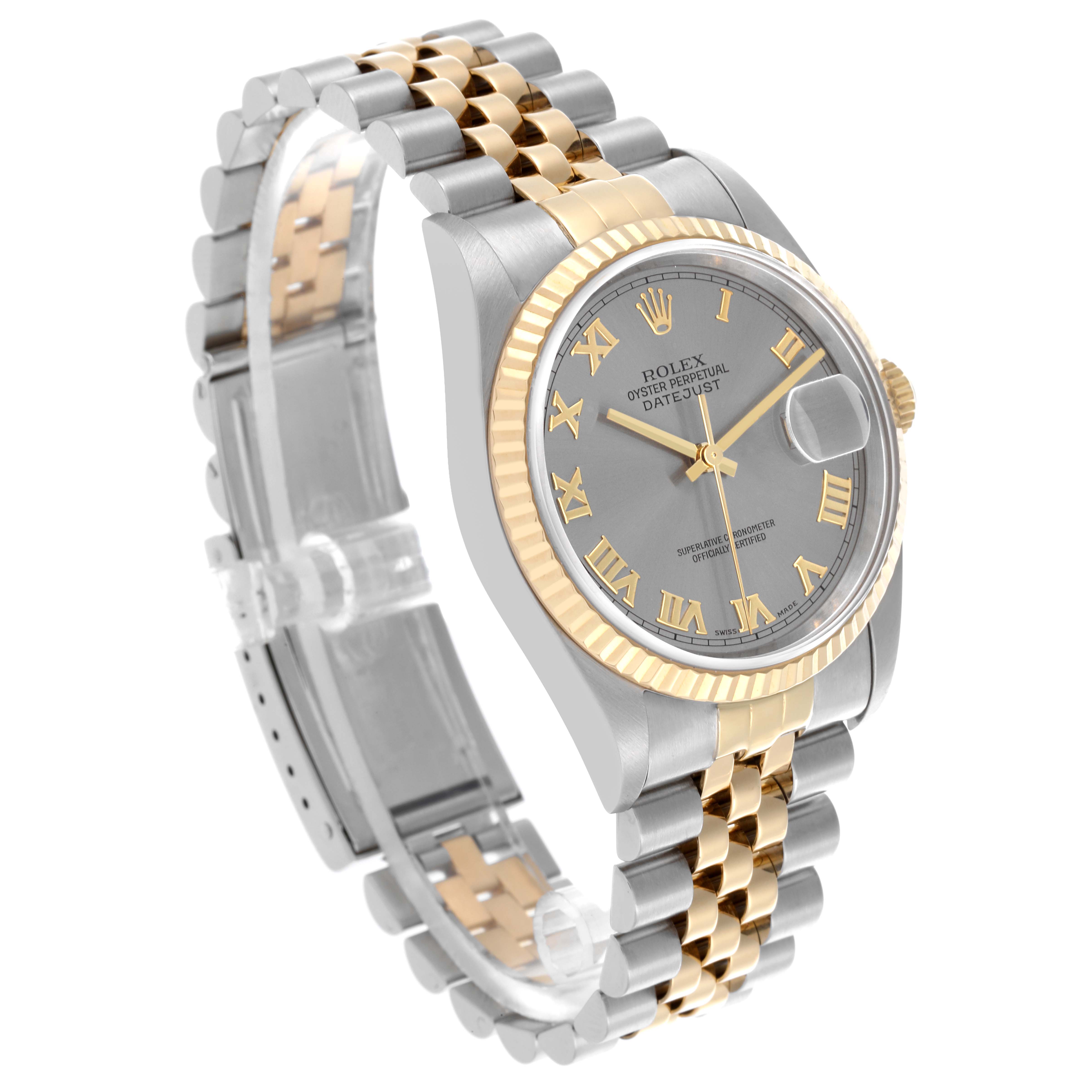 The Rolex Datejust 16233 Men's Steel and Gold (two tone) Grey Dial 16233 Men's Steel and Gold (two tone) Grey Dial watch is shown at a diagonal angle, displaying the face, bezel, and two-tone bracelet.