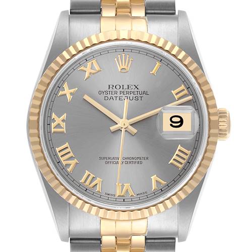 The Rolex Datejust watch is shown from the front, highlighting the face, bezel, and part of the bracelet.