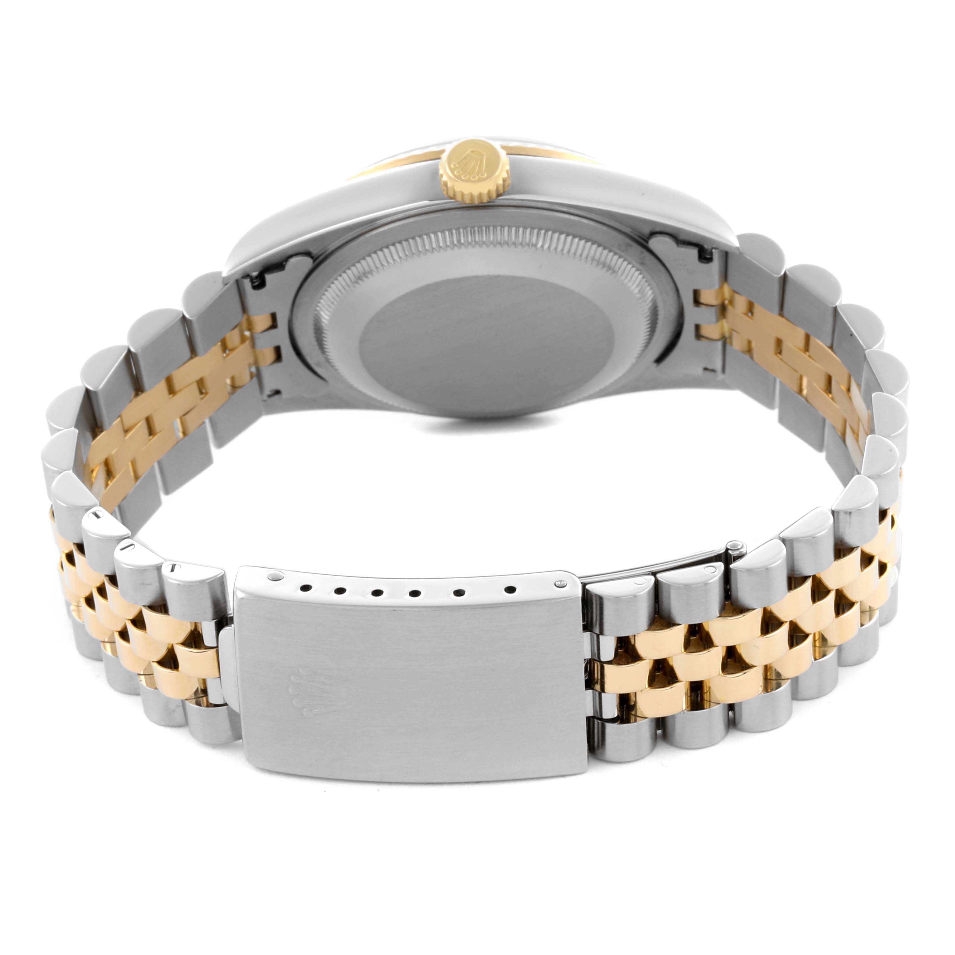 The Rolex Datejust 16233 Men's Steel and Gold (two tone) Grey Dial 16233 Men's Steel and Gold (two tone) Grey Dial watch is shown from the back, highlighting the caseback, crown, and two-tone bracelet.