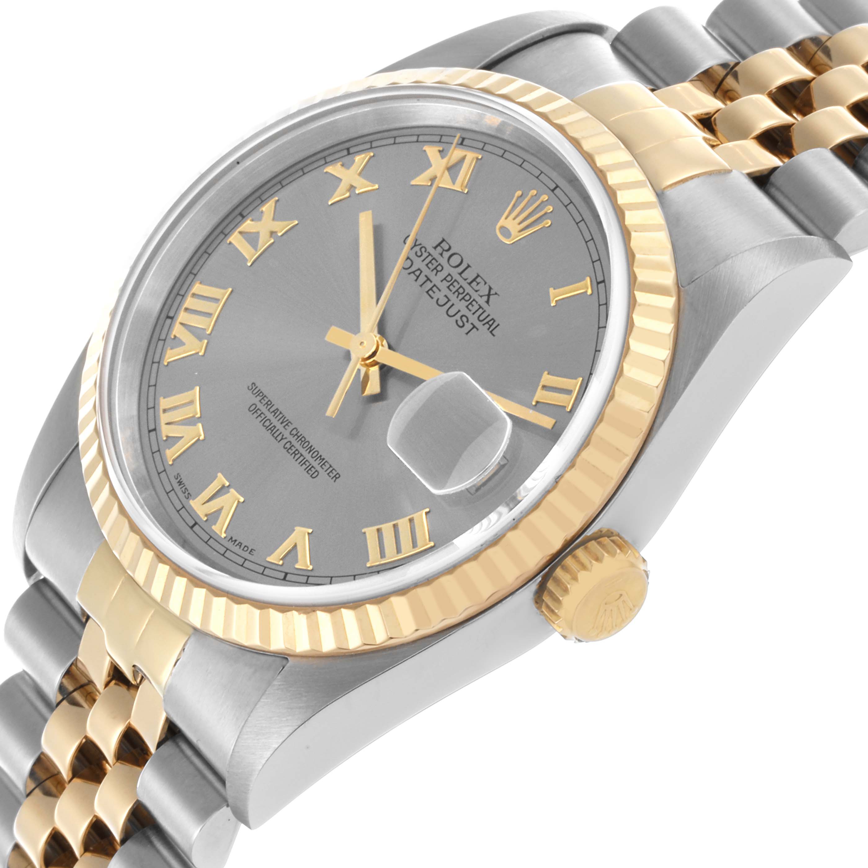 The Rolex Datejust 16233 Men's Steel and Gold (two tone) Grey Dial 16233 Men's Steel and Gold (two tone) Grey Dial watch is shown at a side angle highlighting the dial, fluted bezel, crown, and two-tone bracelet.
