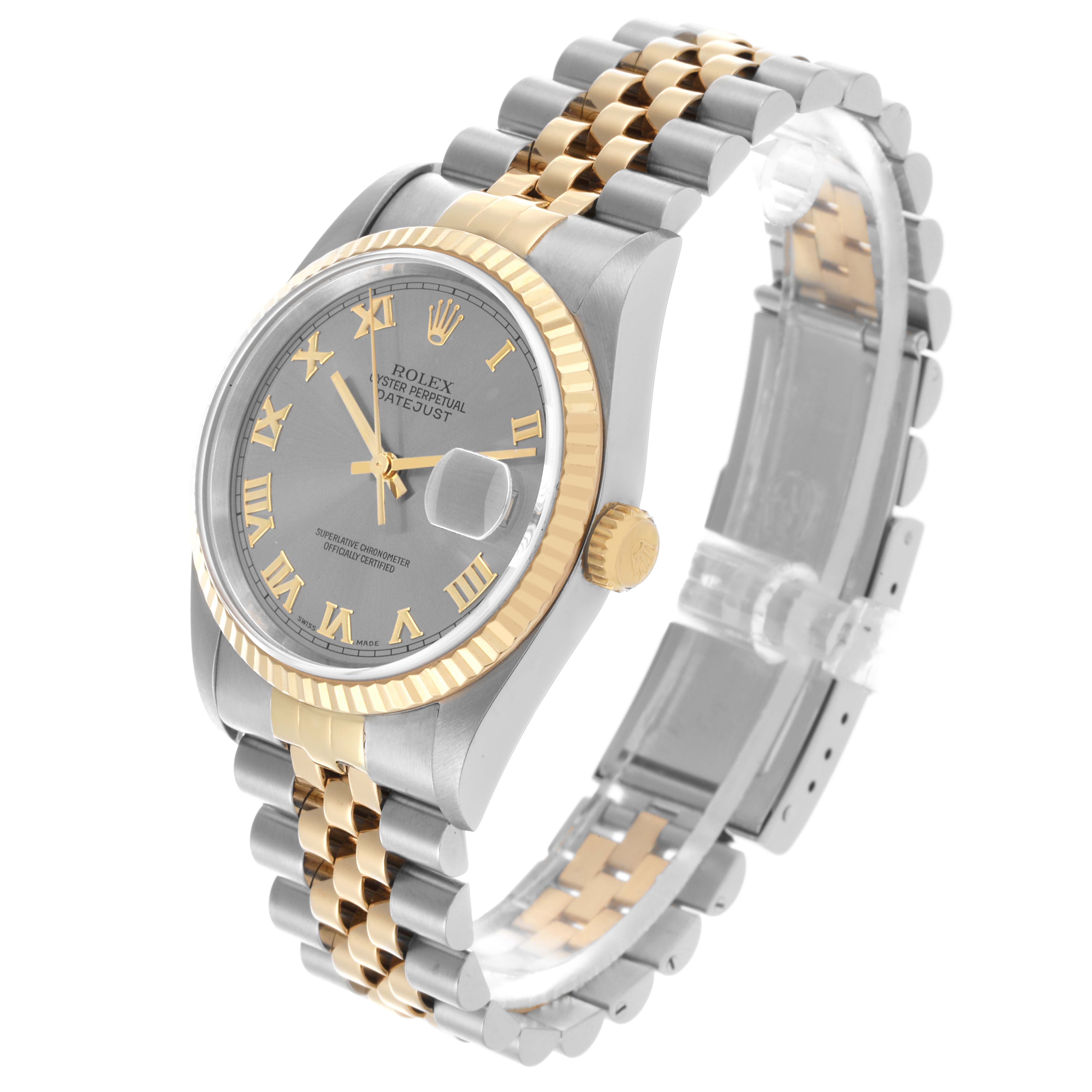 The Rolex Datejust 16233 Men's Steel and Gold (two tone) Grey Dial 16233 Men's Steel and Gold (two tone) Grey Dial watch is shown at a three-quarter angle, displaying the face, bezel, case, and bracelet.