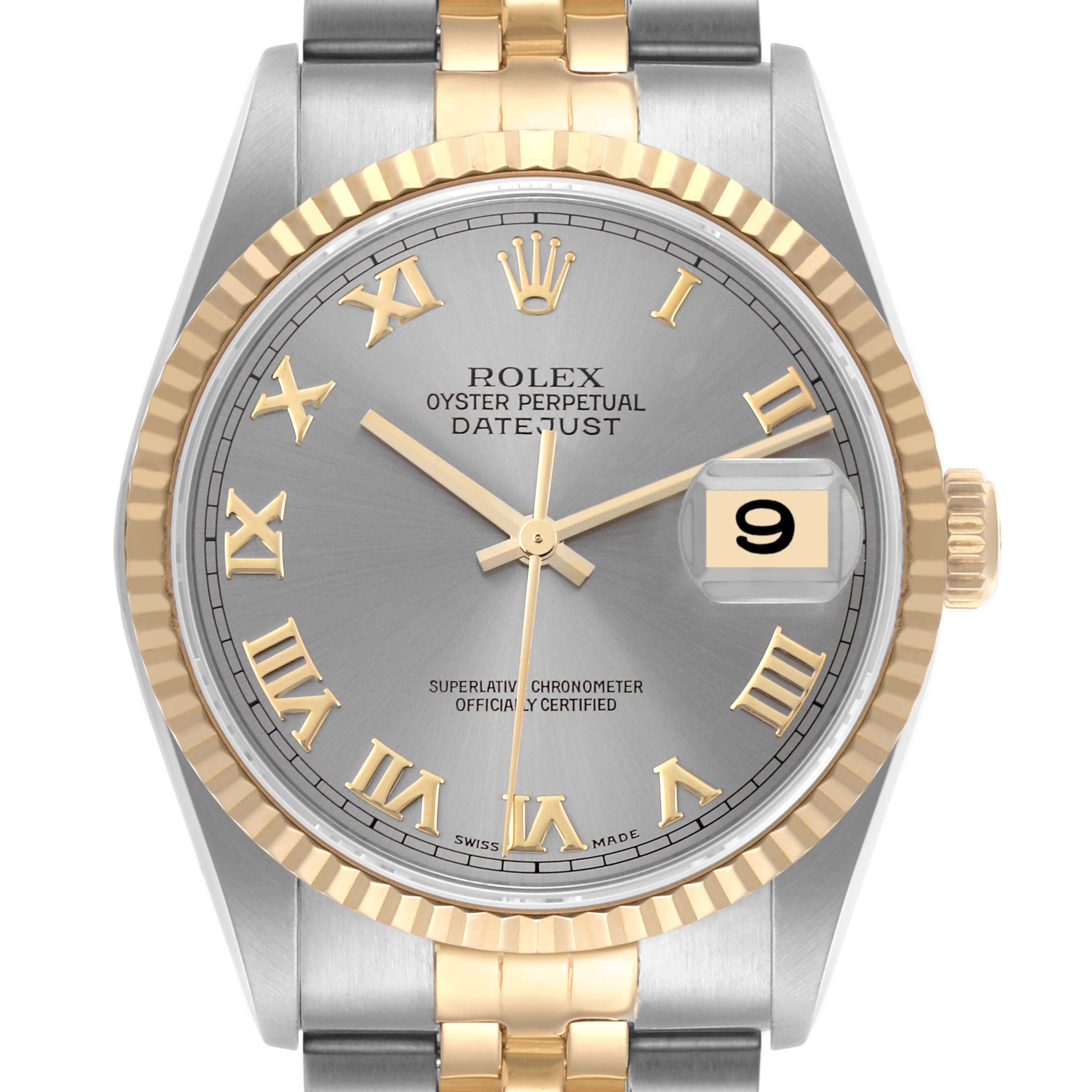 The Rolex Datejust 16233 Men's Steel and Gold (two tone) Grey Dial 16233 Men's Steel and Gold (two tone) Grey Dial is shown from the front, highlighting the dial, bezel, and parts of the bracelet.
