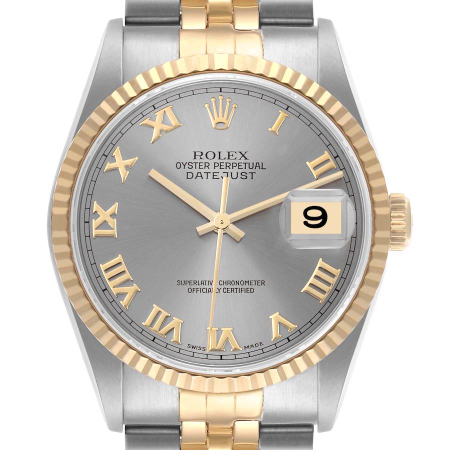 The Rolex Datejust is shown from the front, highlighting the dial, bezel, and parts of the bracelet.