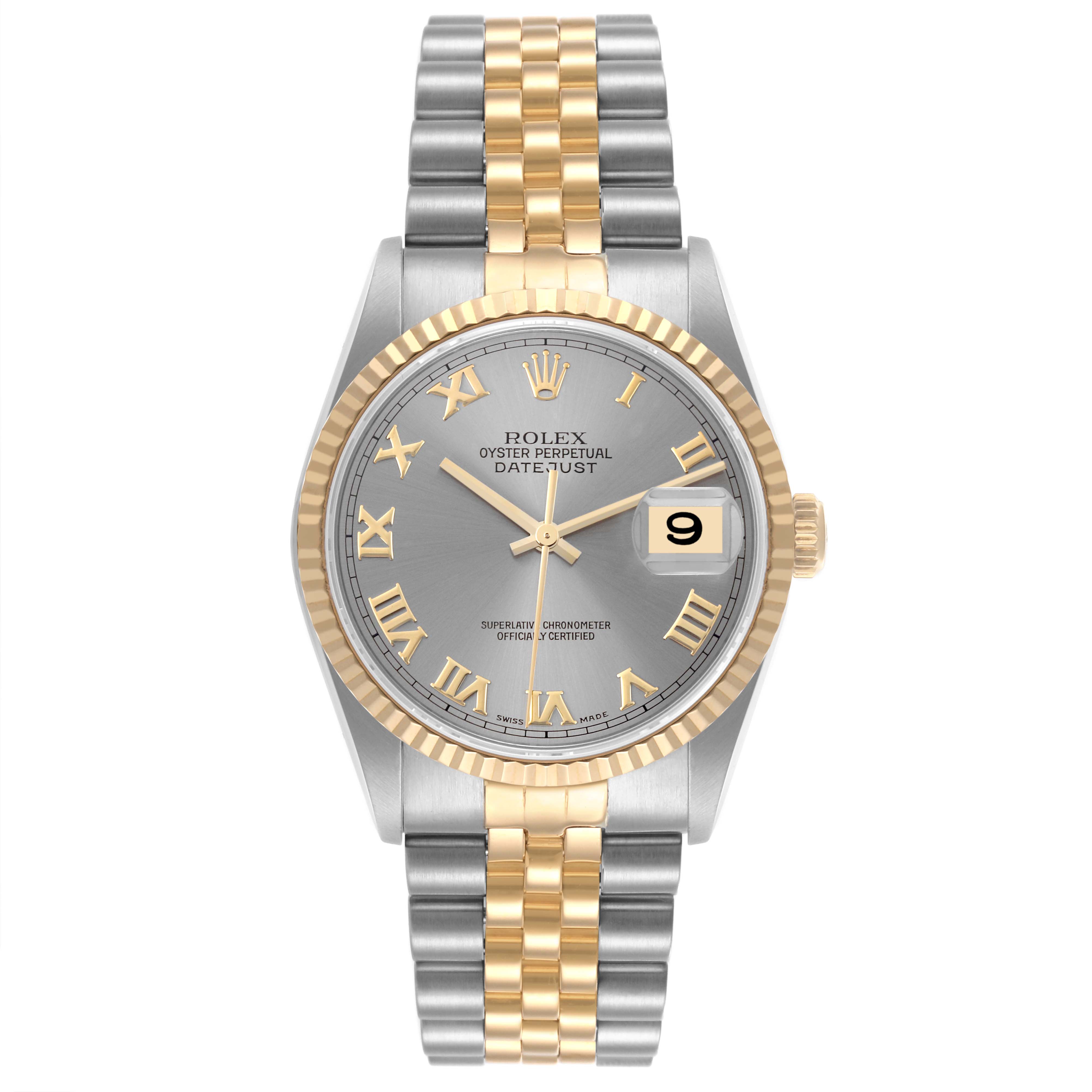 The Rolex Datejust 16233 Men's Steel and Gold (two tone) Grey Dial 16233 Men's Steel and Gold (two tone) Grey Dial watch is shown from a front angle, displaying its dial, bezel, and bracelet.