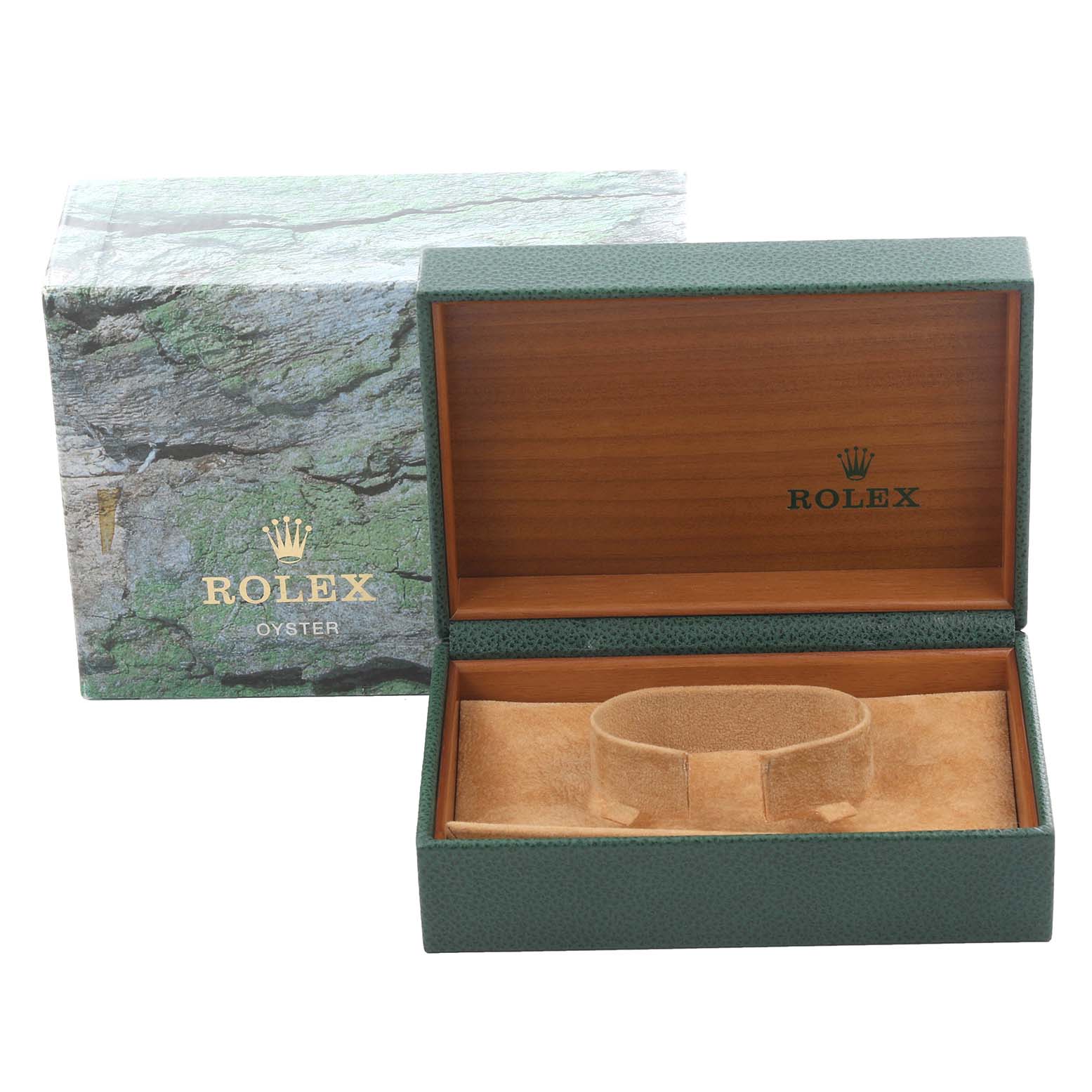 The image shows a Rolex Datejust 16233 Men's Steel and Gold (two tone) Grey Dial 16233 Men's Steel and Gold (two tone) Grey Dial watch box open, revealing its interior cushion and the outer packaging.