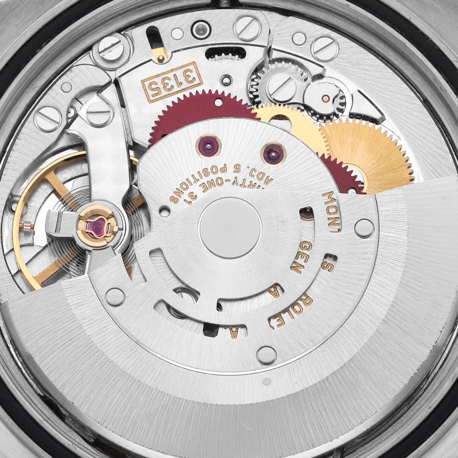The image shows a close-up of the Rolex Datejust 16233 Men's Steel and Gold (two tone) Grey Dial 16233 Men's Steel and Gold (two tone) Grey Dial's movement components from a back angle.