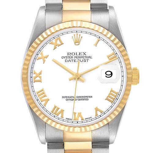 The Rolex Datejust 16233 Men's Steel and Gold (two tone) White Dial watch is shown from the front, featuring its dial, bezel, and part of the bracelet.