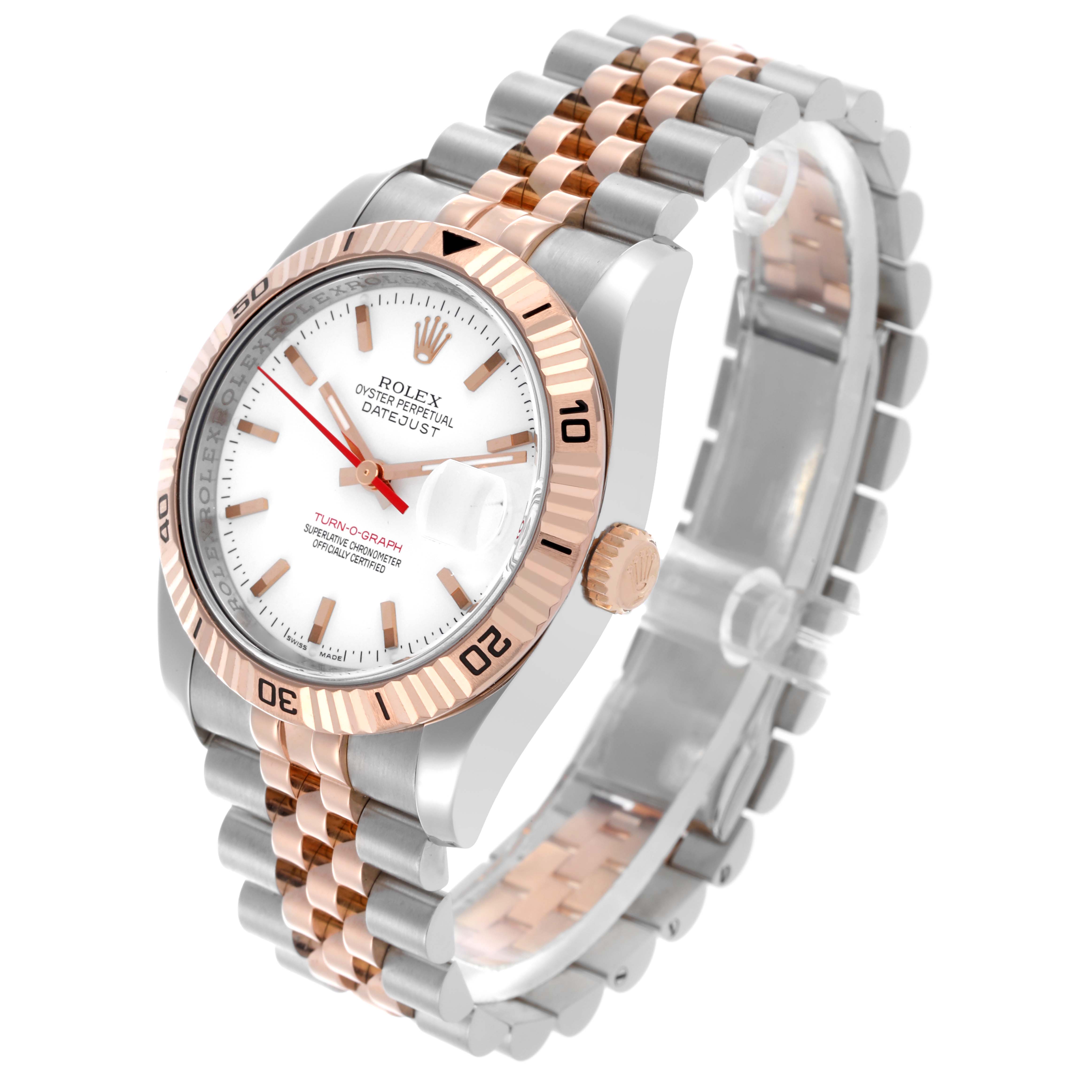 The Rolex Turn-o-Graph 116261 Men's Steel and Gold (two tone) White Dial 116261 Men's Steel and Gold (two tone) White Dial watch is shown at a slight angle, displaying its face, bezel, and bracelet.