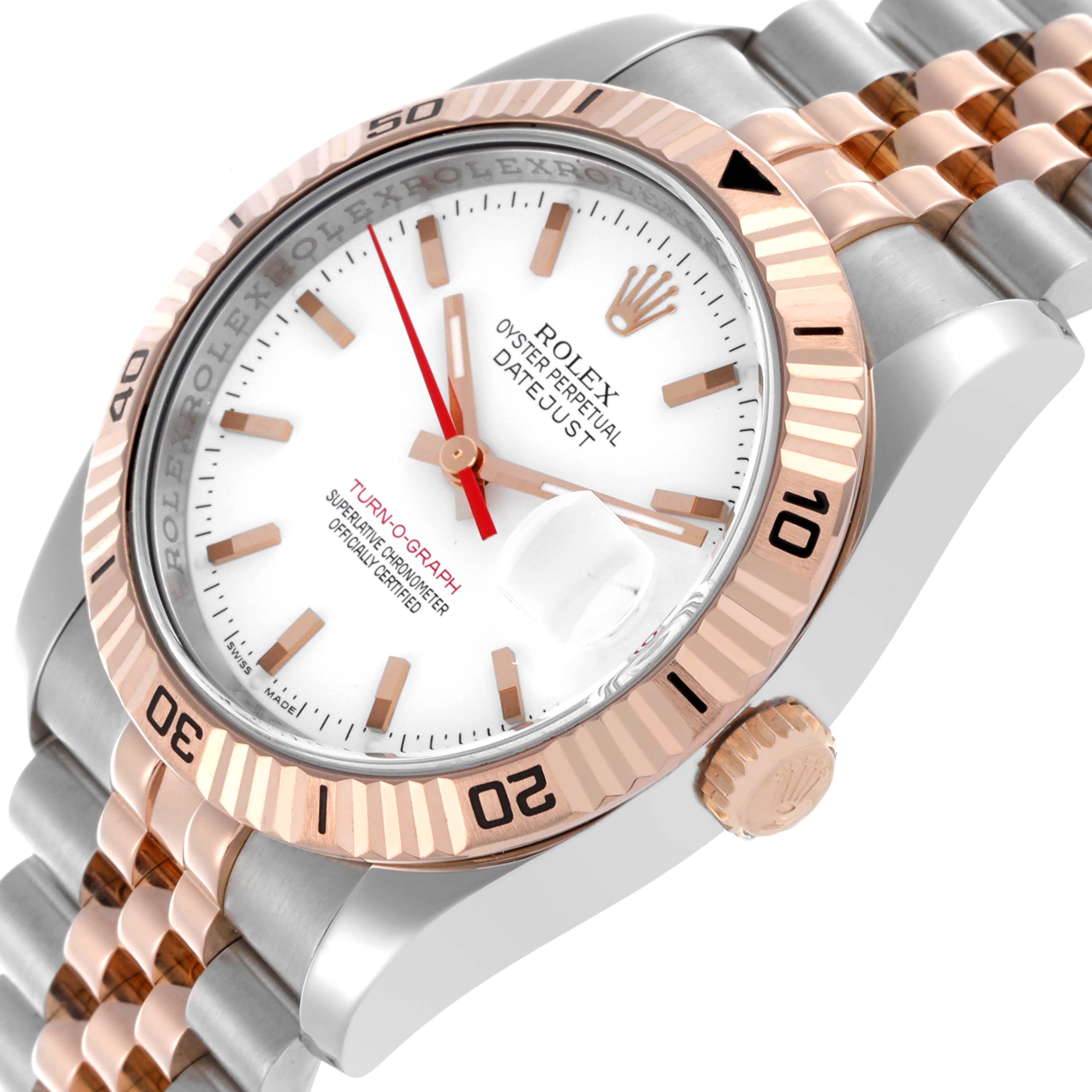 The Rolex Turn-o-Graph 116261 Men's Steel and Gold (two tone) White Dial 116261 Men's Steel and Gold (two tone) White Dial watch is shown at an angled view, highlighting the bezel, dial, crown, and bracelet.