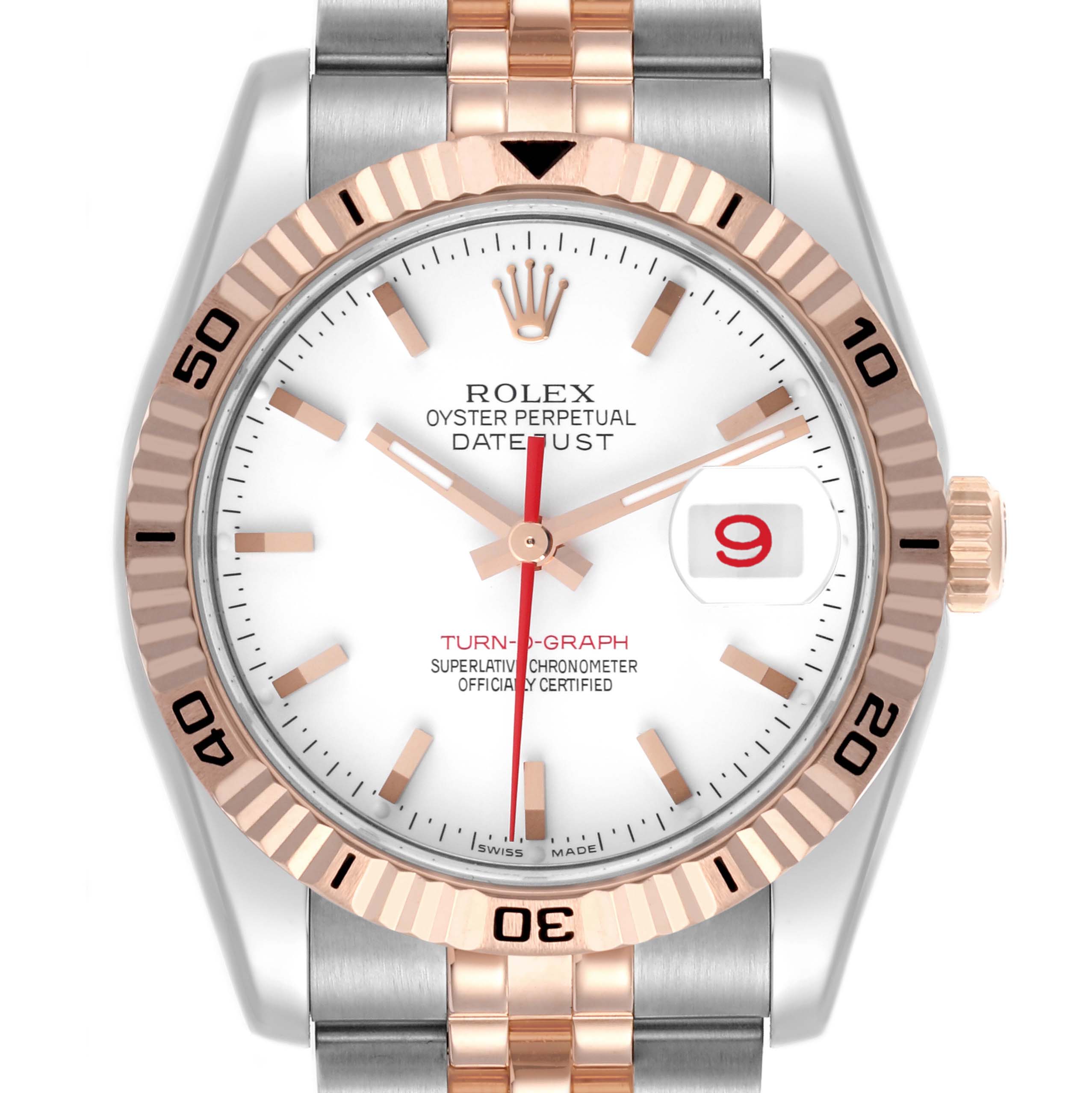 The Rolex Turn-o-Graph 116261 Men's Steel and Gold (two tone) White Dial 116261 Men's Steel and Gold (two tone) White Dial watch is shown from a front view displaying the dial, bezel, and part of the bracelet.