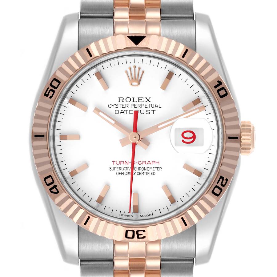 The Rolex Turn-o-Graph watch is shown from a front view displaying the dial, bezel, and part of the bracelet.