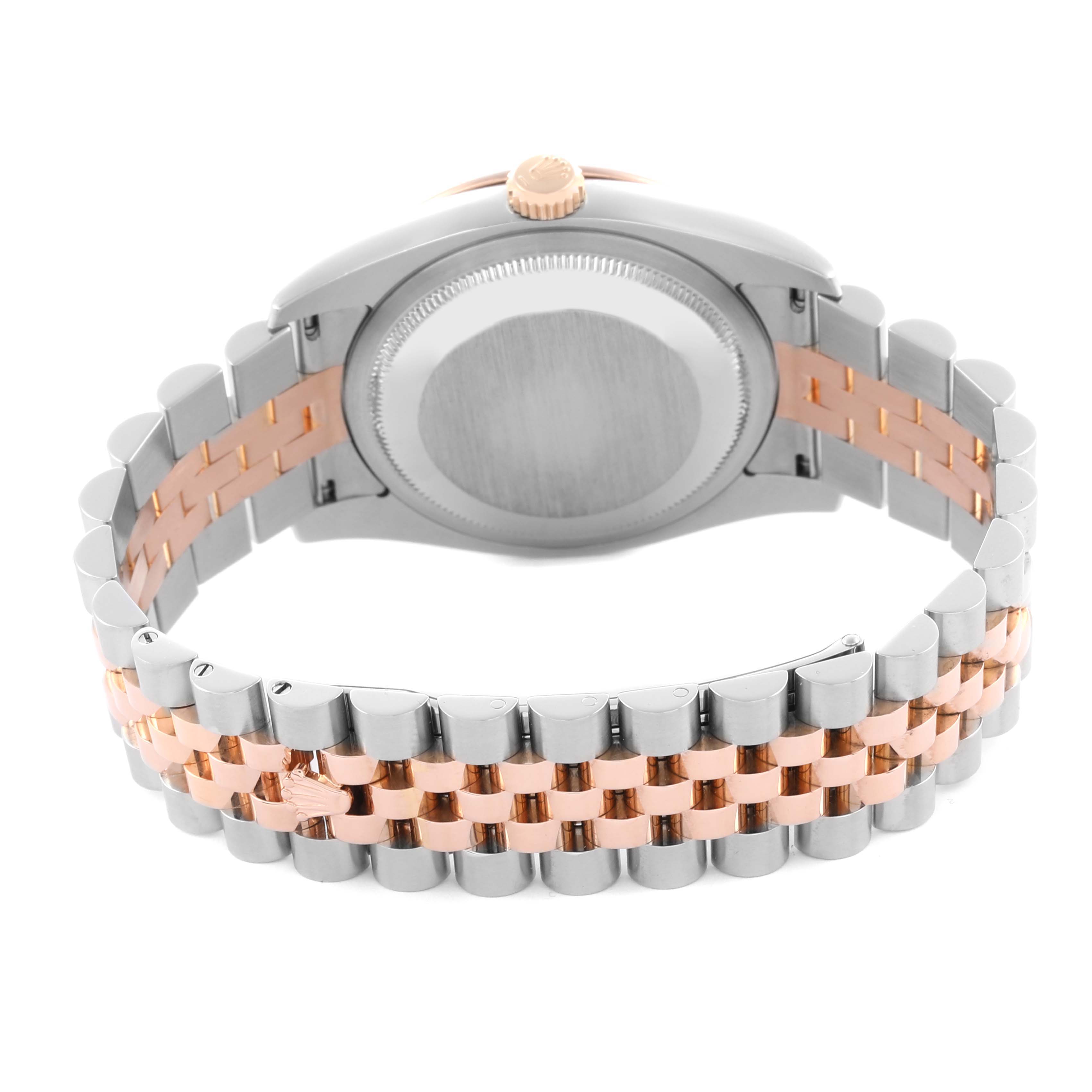 The image shows the back of the Rolex Turn-o-Graph 116261 Men's Steel and Gold (two tone) White Dial 116261 Men's Steel and Gold (two tone) White Dial watch, highlighting the two-tone bracelet and case back.