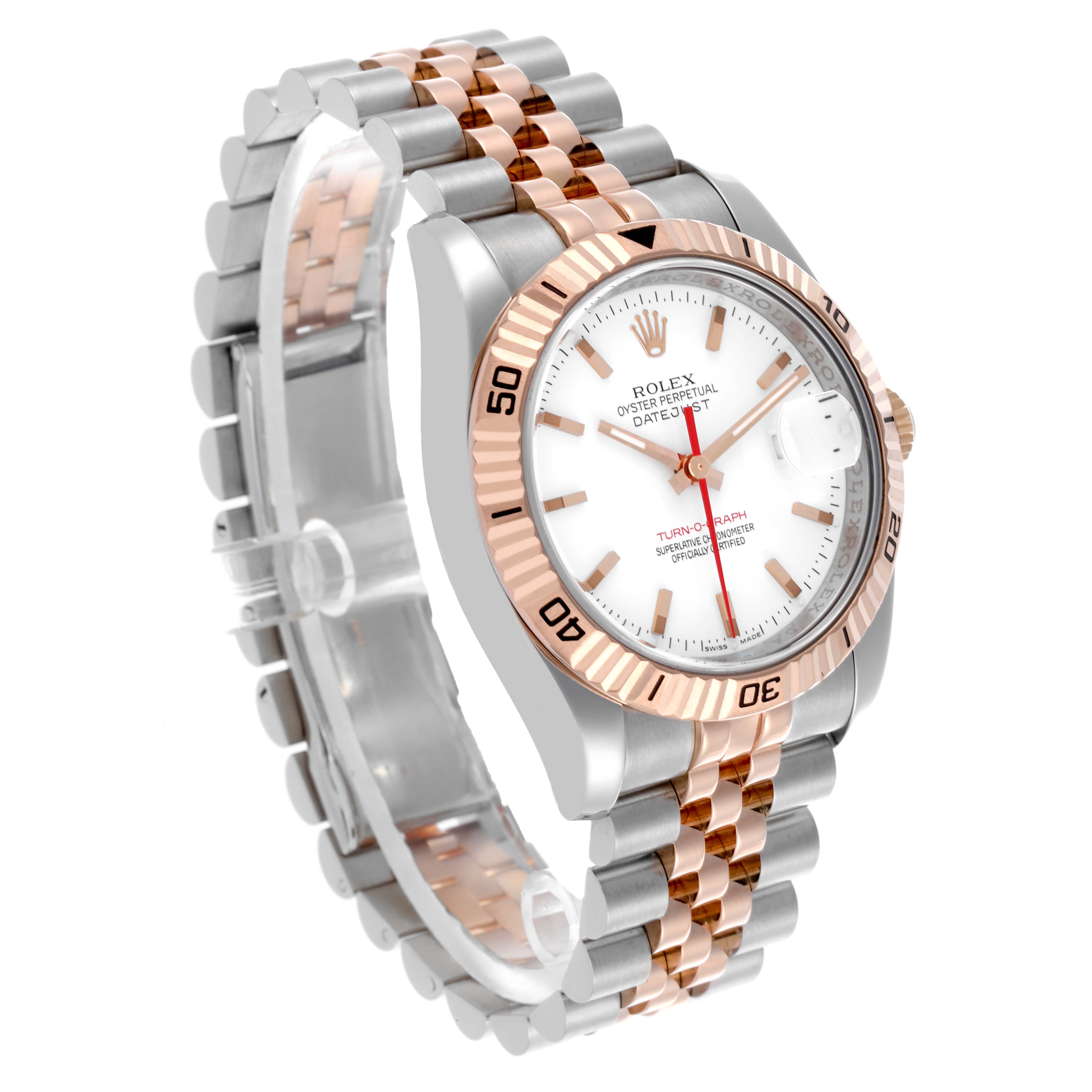 The Rolex Turn-o-Graph 116261 Men's Steel and Gold (two tone) White Dial 116261 Men's Steel and Gold (two tone) White Dial watch is shown at a front-side angle, highlighting its dial, bezel, and bracelet.