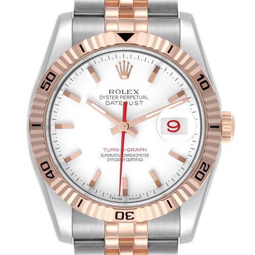 The Rolex Turn-o-Graph watch is shown from a front angle, highlighting the dial, hands, bezel, and part of the bracelet.