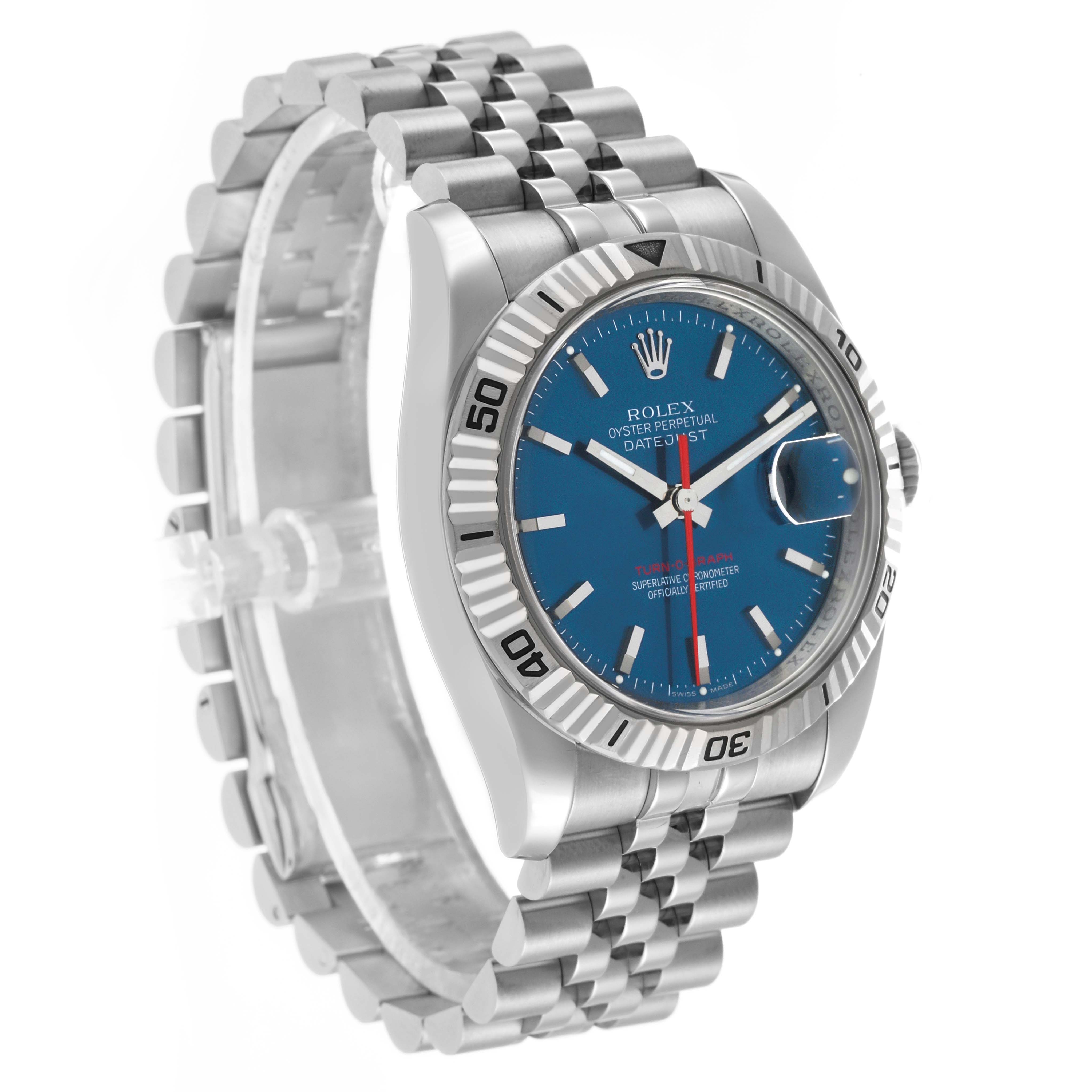 The Rolex Turn-o-Graph 116264 Men's Stainless Steel Blue Dial watch is shown at a three-quarter angle, featuring the face, bezel, and bracelet.