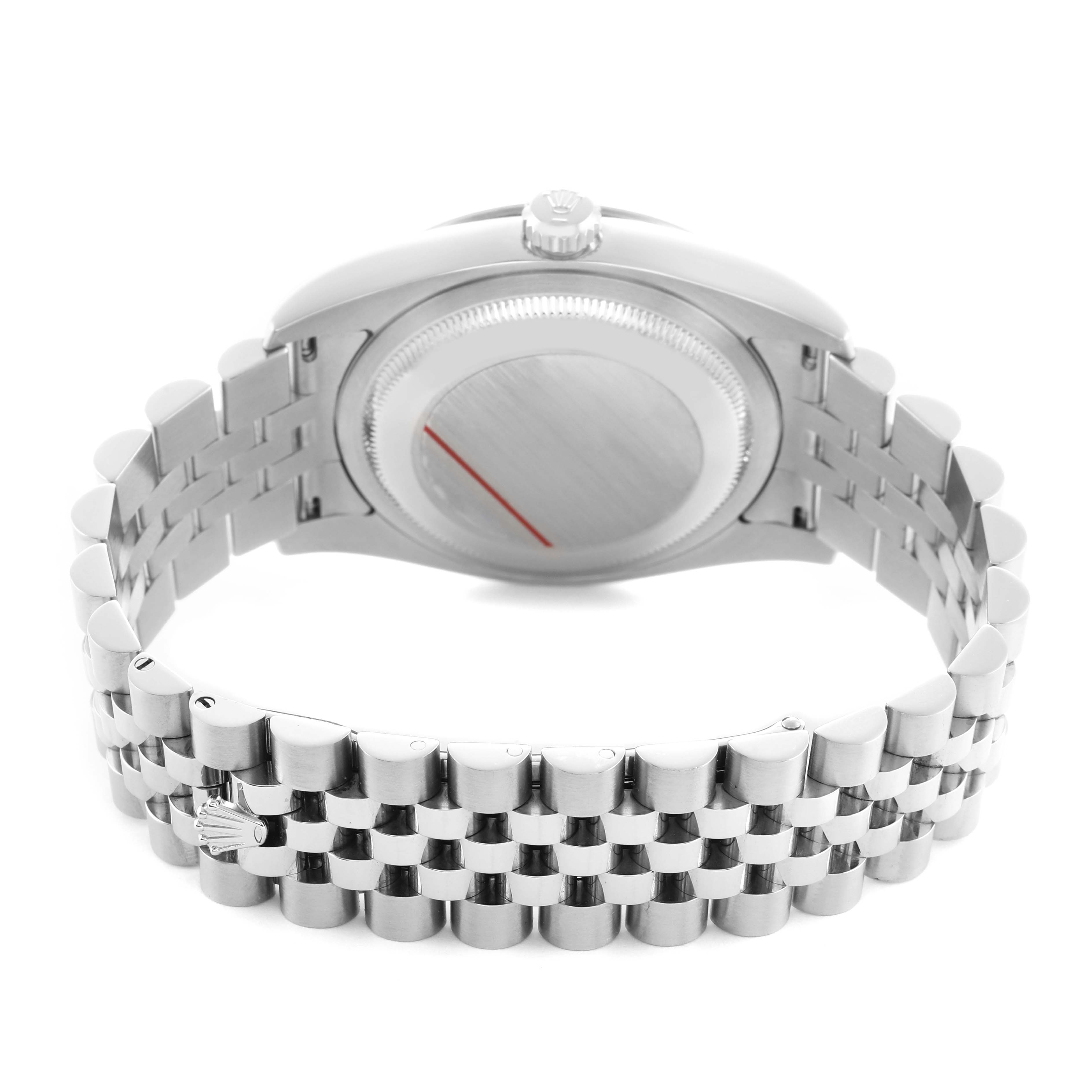 The image shows the back view of the Rolex Turn-o-Graph 116264 Men's Stainless Steel Blue Dial watch, focusing on the case back and metal bracelet clasp.