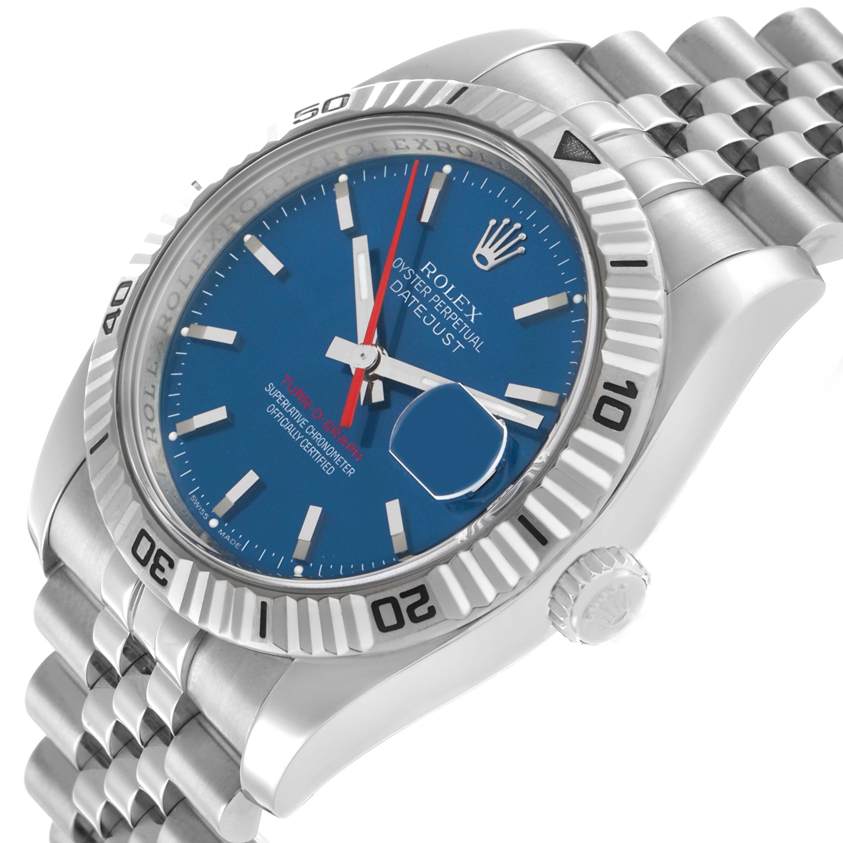 The image shows a Rolex Turn-o-Graph 116264 Men's Stainless Steel Blue Dial watch angled to display its blue dial, bezel, crown, and parts of the bracelet.