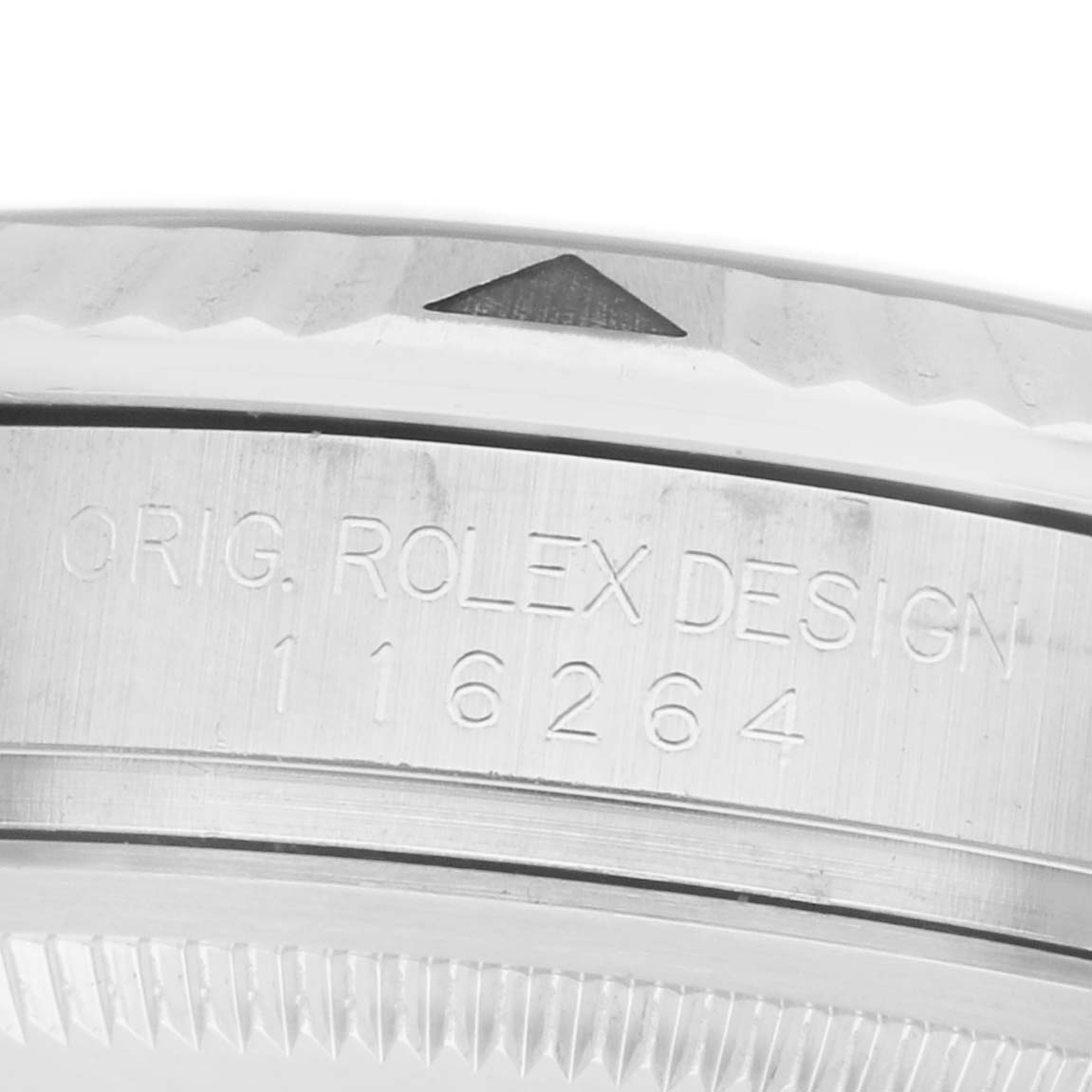 The image shows a close-up of the bezel and case side of a Rolex Turn-o-Graph 116264 Men's Stainless Steel Blue Dial, highlighting the engraved model number.