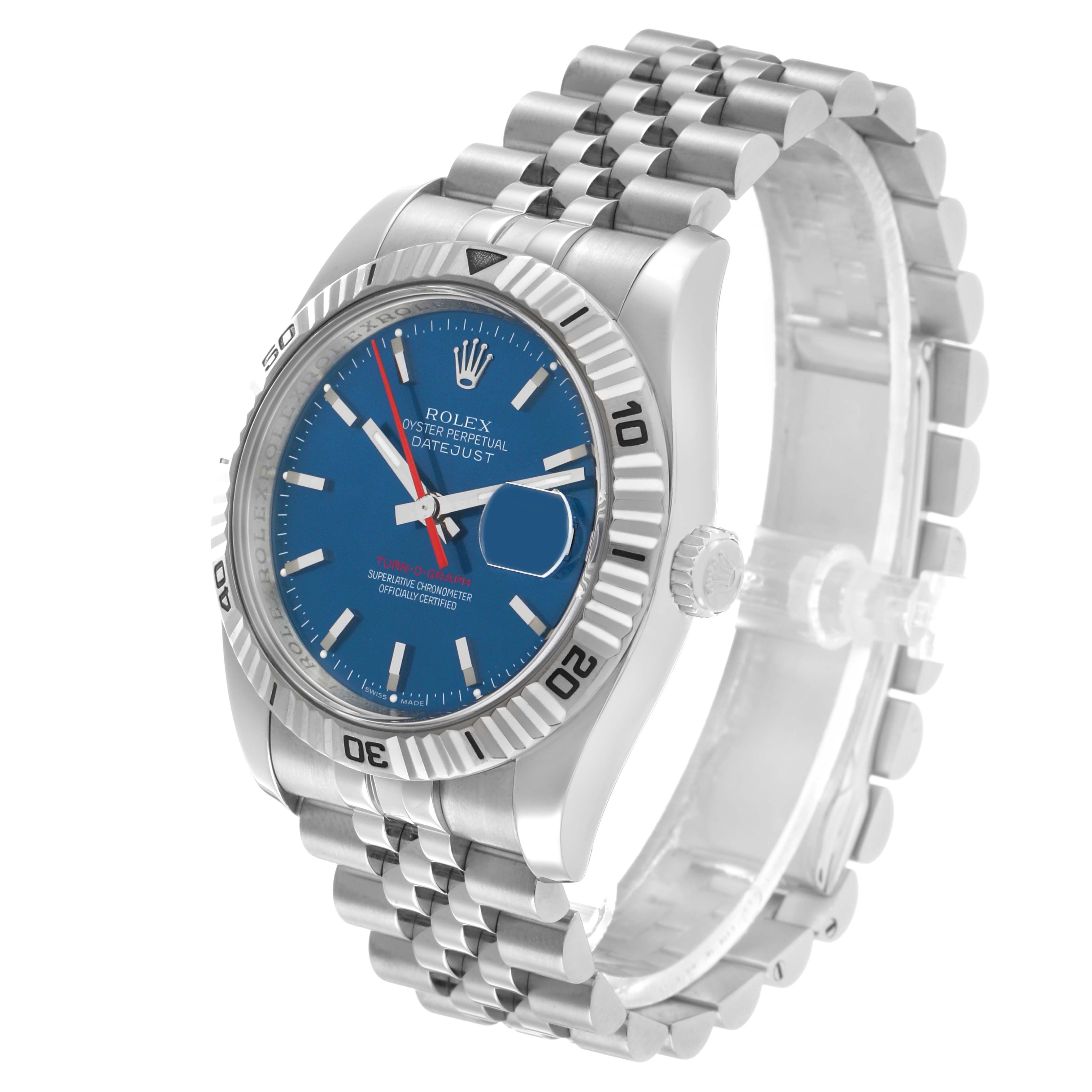 The image shows a Rolex Turn-o-Graph 116264 Men's Stainless Steel Blue Dial watch at a three-quarter angle, displaying the bezel, dial, Jubilee bracelet, and crown.
