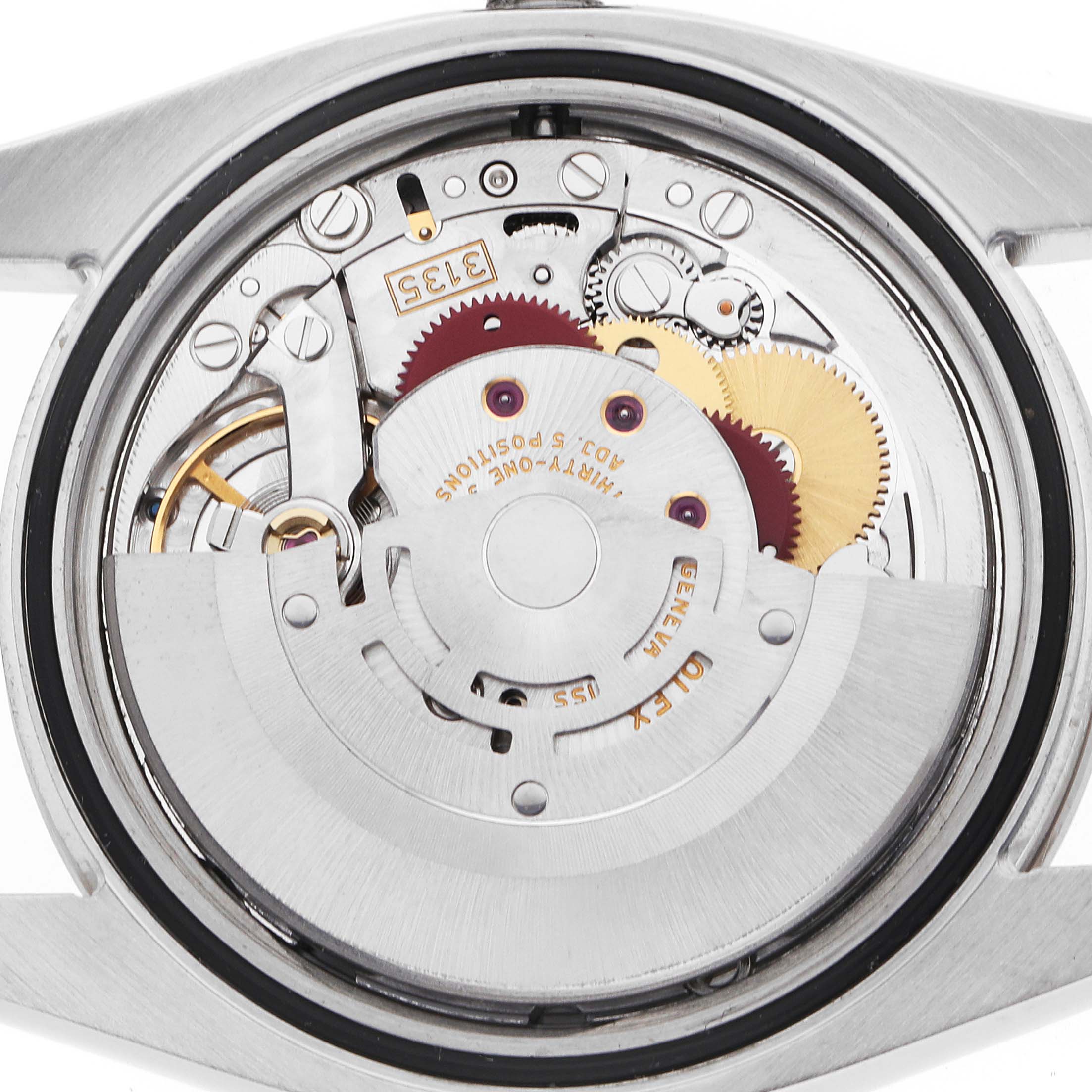 The image shows the back view of a Rolex Turn-o-Graph 116264 Men's Stainless Steel Blue Dial watch, revealing its intricate movement and gears.