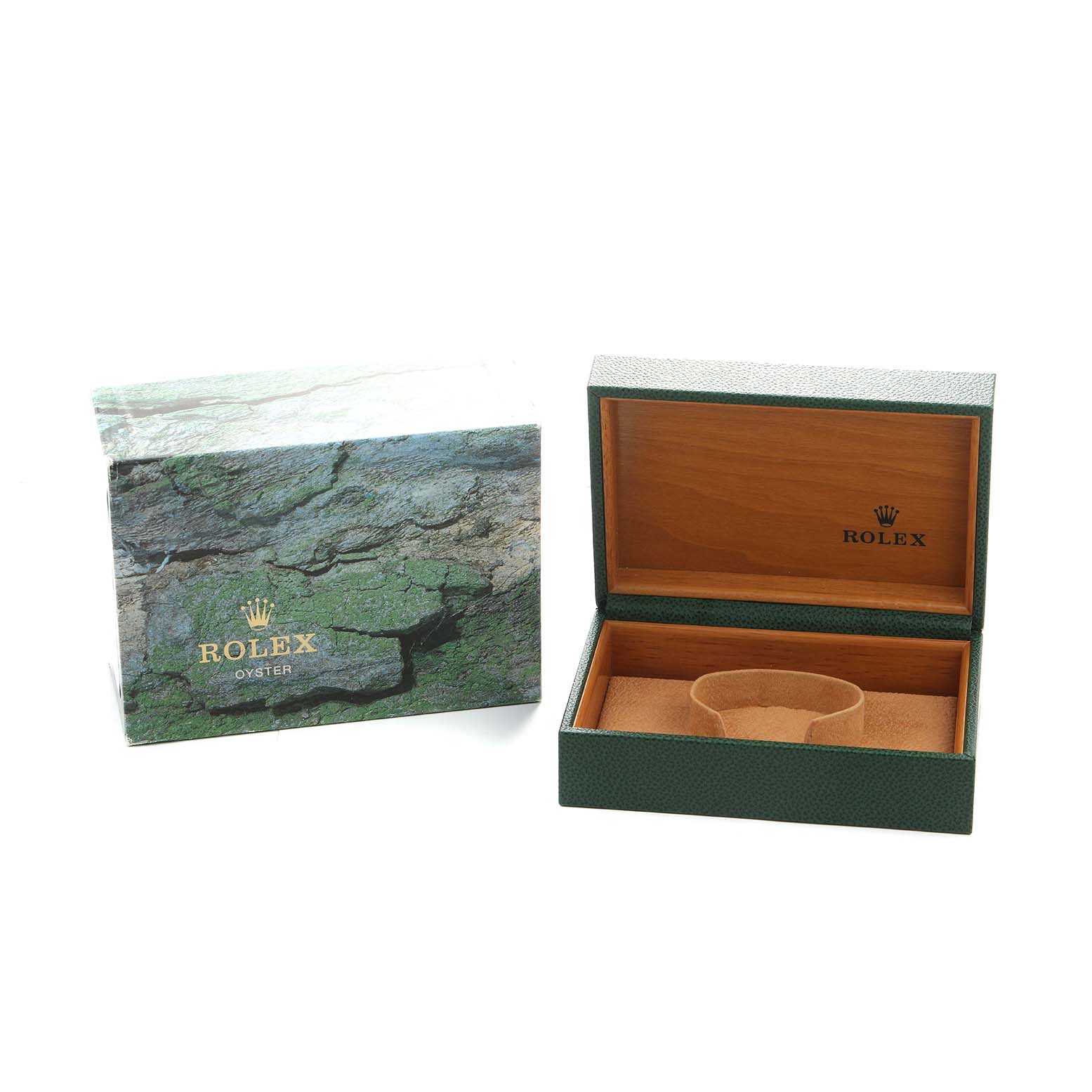 The image shows an open Rolex Turn-o-Graph 116264 Men's Stainless Steel Blue Dial watch box with a green and wood design, alongside its outer packaging.