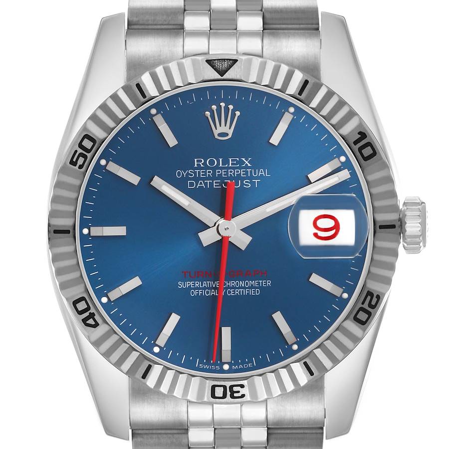 The Rolex Turn-o-Graph 116264 Men's Stainless Steel Blue Dial watch is shown from the front, highlighting its blue dial, rotating bezel, and bracelet.