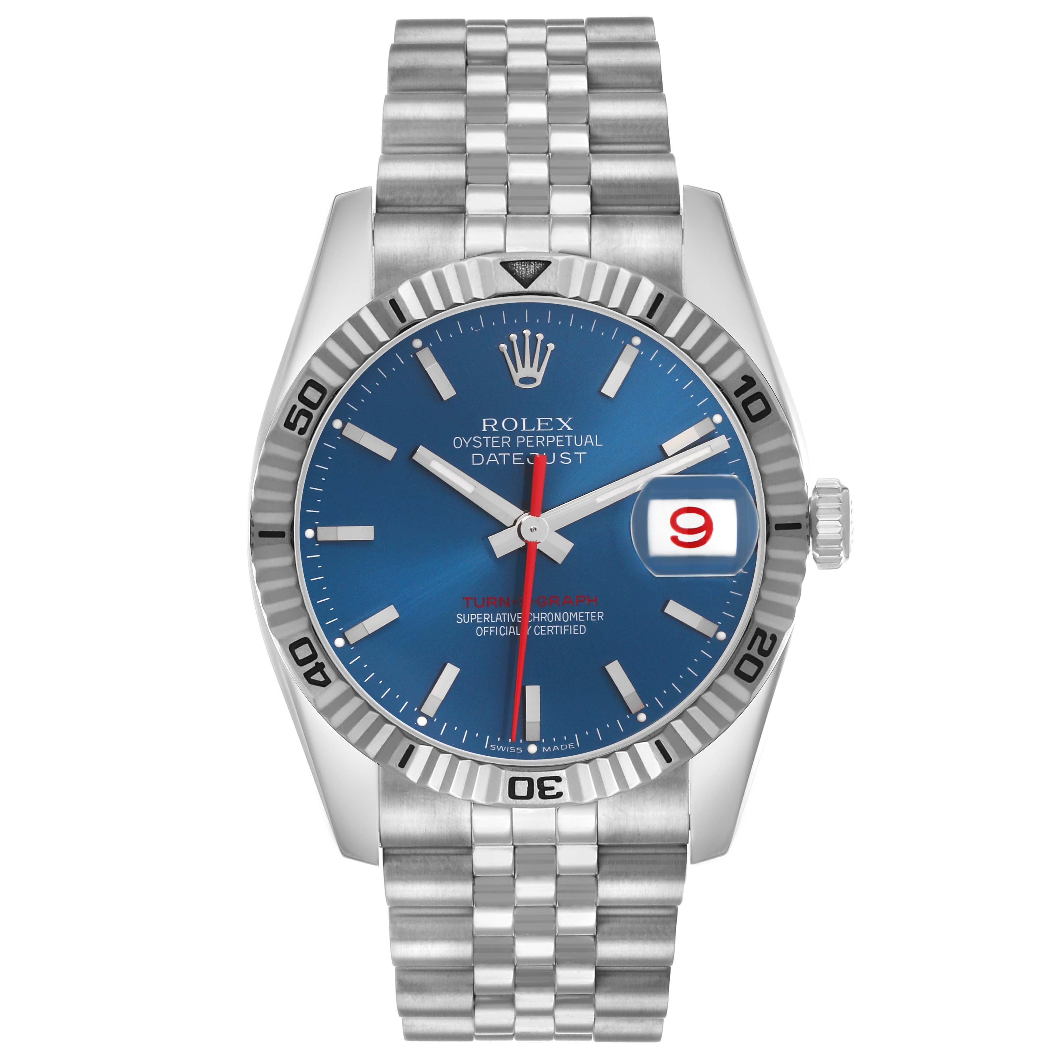 The Rolex Turn-o-Graph 116264 Men's Stainless Steel Blue Dial watch is shown front-facing, featuring the dial, bezel, crown, and bracelet.