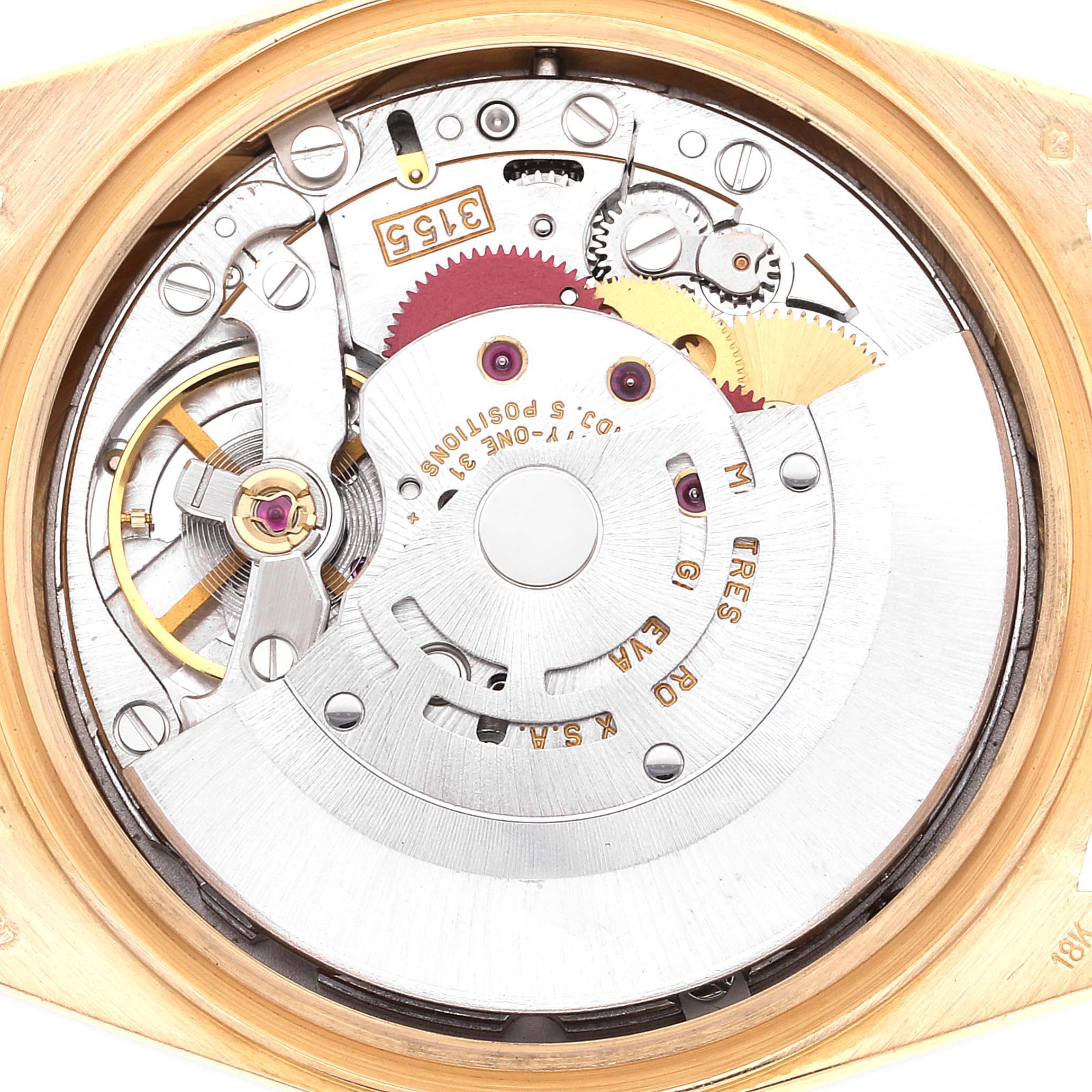 The image shows the inner mechanical movement of a Rolex President 18248 Men
s Yellow Gold Champagne Dial 18248 Men
s Yellow Gold Champagne Dial watch, viewed from the back.