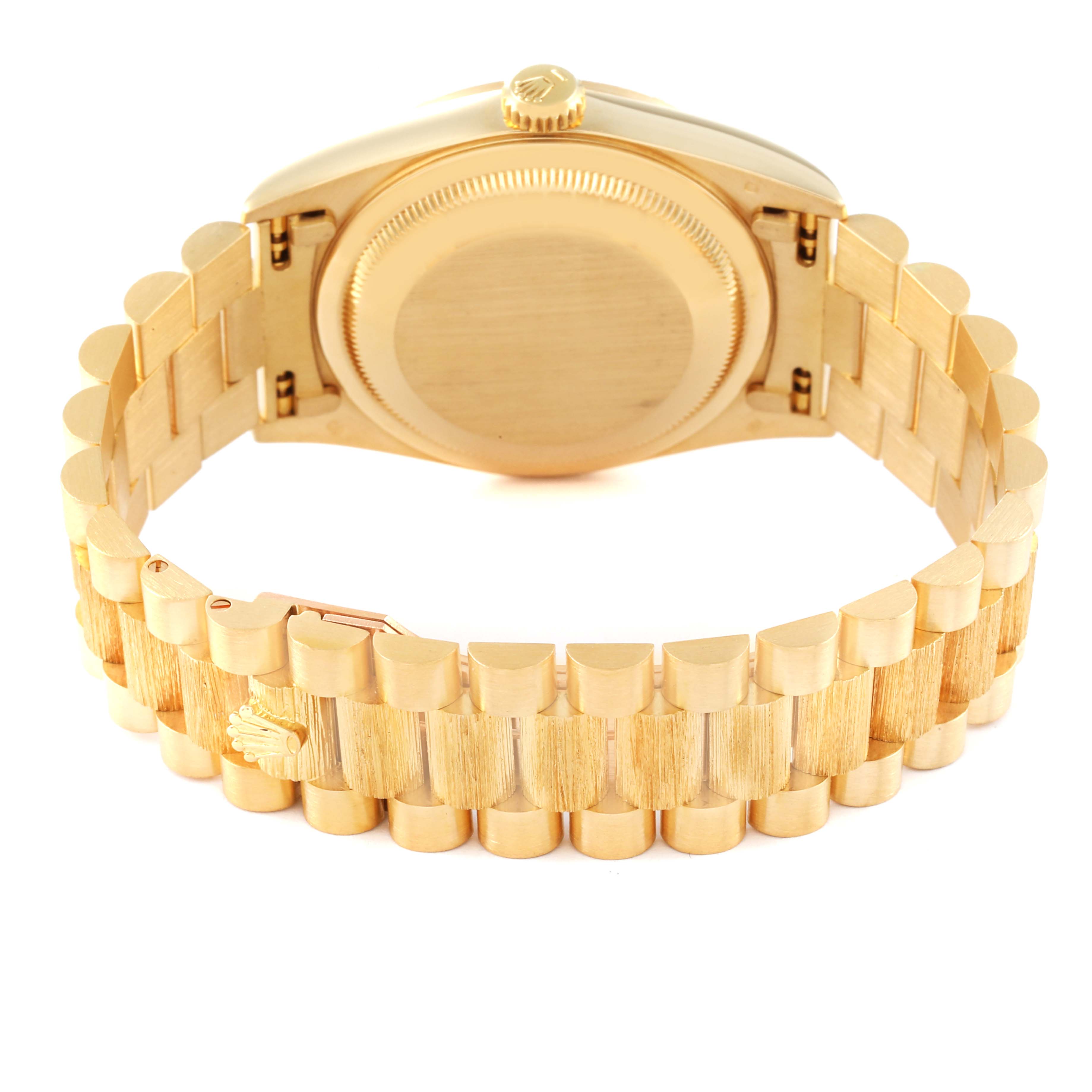 This image shows the back view of a Rolex President 18248 Men
s Yellow Gold Champagne Dial 18248 Men
s Yellow Gold Champagne Dial model watch, including the case back and bracelet.