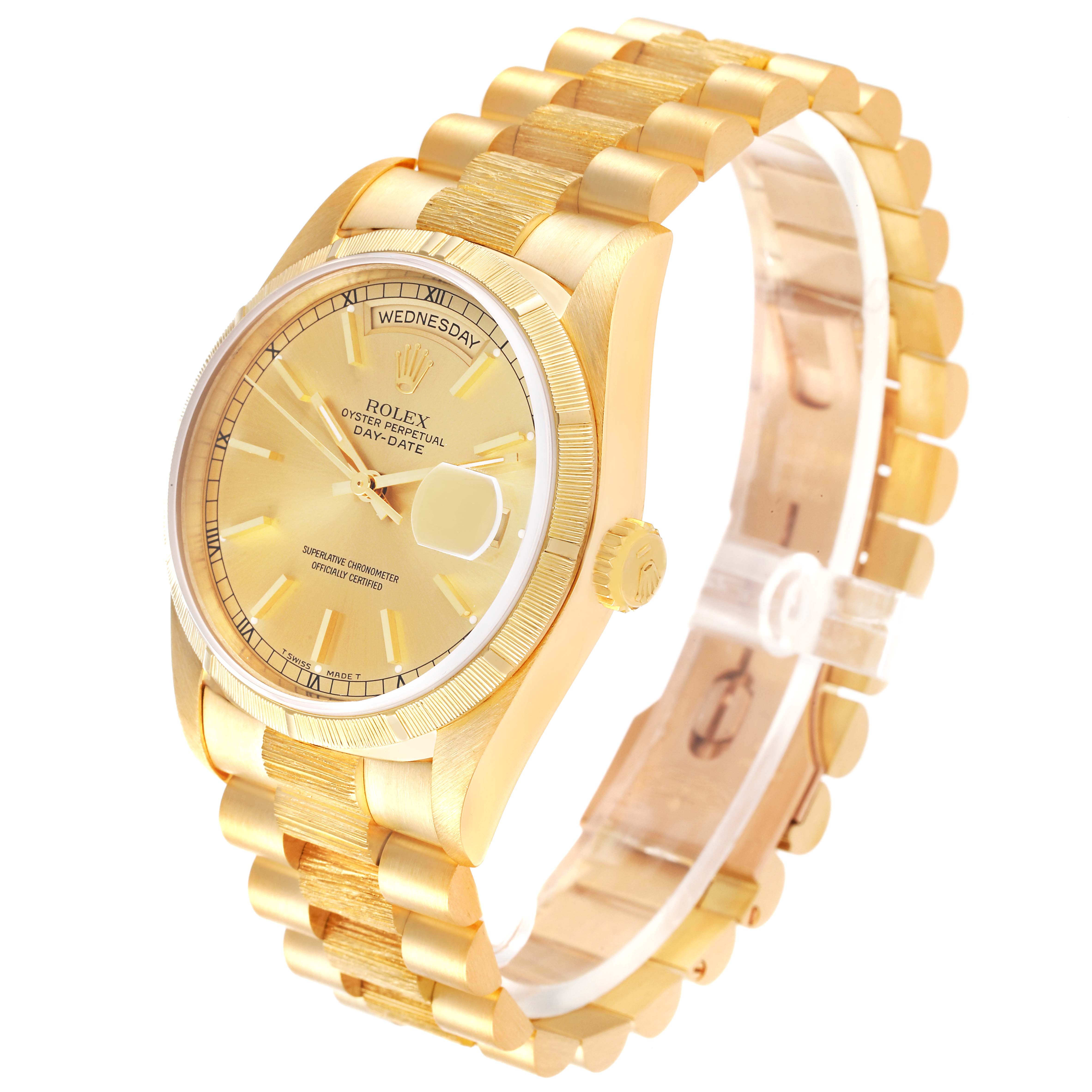 The photo shows a Rolex President 18248 Men
s Yellow Gold Champagne Dial 18248 Men
s Yellow Gold Champagne Dial model watch at a three-quarter angle, highlighting the dial, bracelet, and side crown.