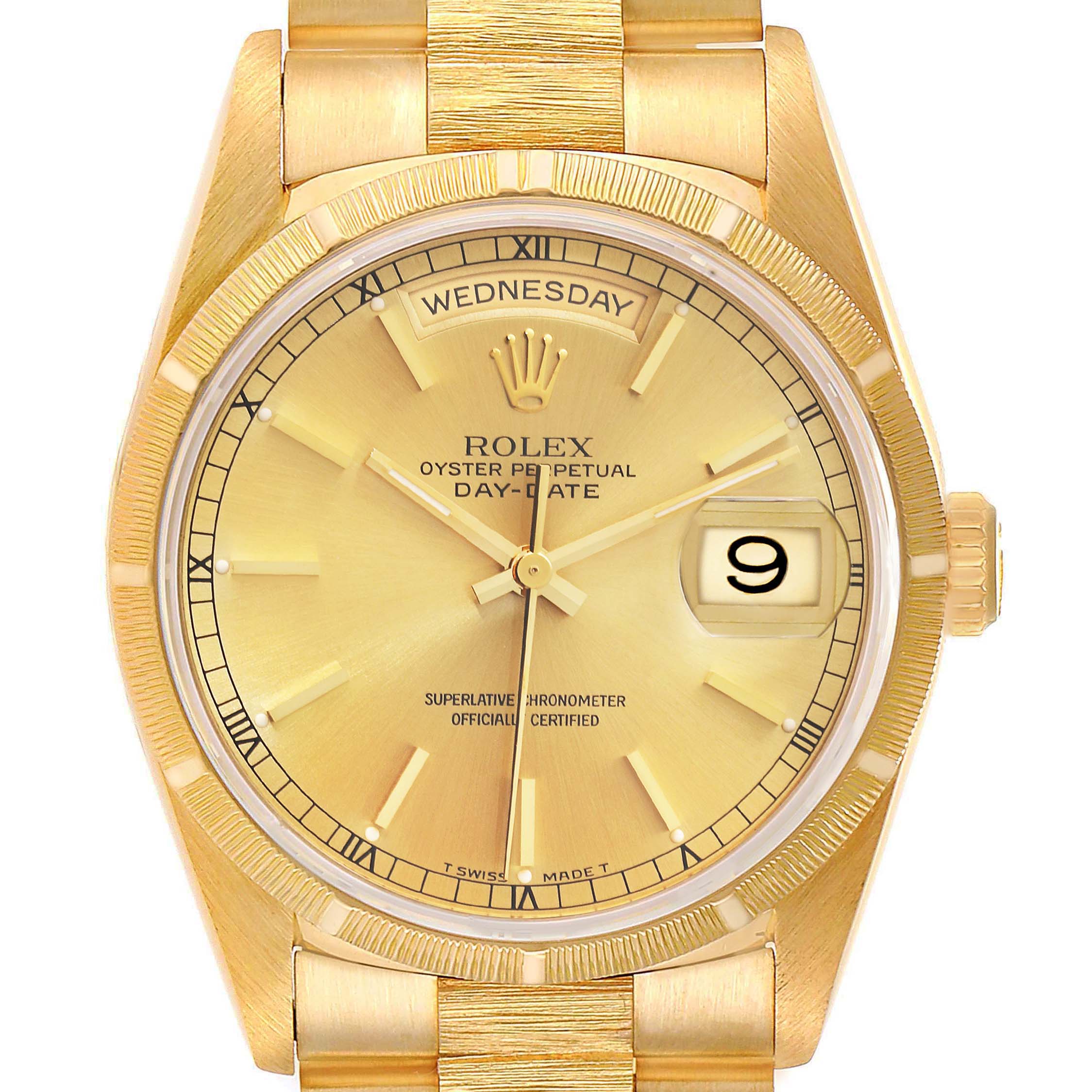 The image shows a front view of the President model Rolex watch, highlighting the dial, bezel, day, and date displays.