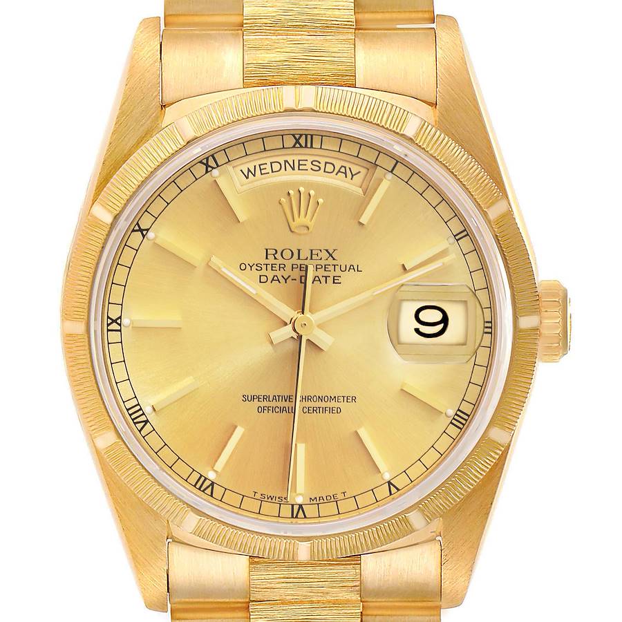 Rolex Day-Date President Yellow Gold Bark Finish Mens Watch 18248 Box Papers SwissWatchExpo