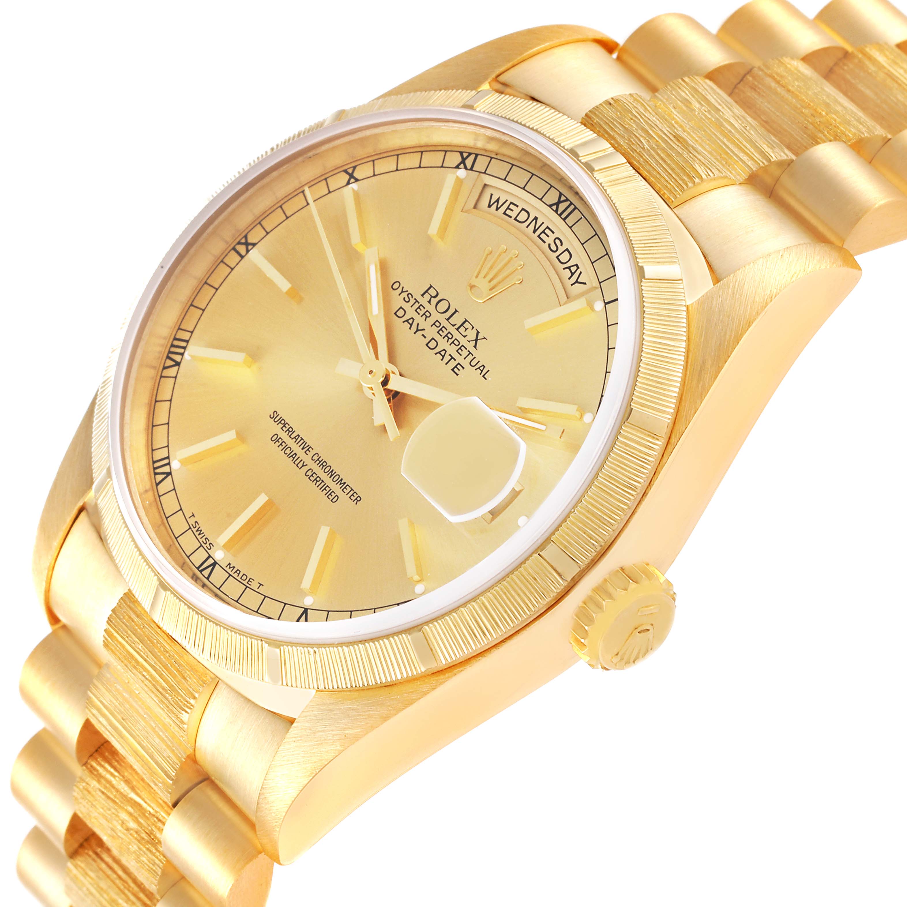 The image shows a close-up angle of a Rolex President 18248 Men
s Yellow Gold Champagne Dial 18248 Men
s Yellow Gold Champagne Dial model watch, highlighting the dial, bezel, crown, and part of the bracelet.