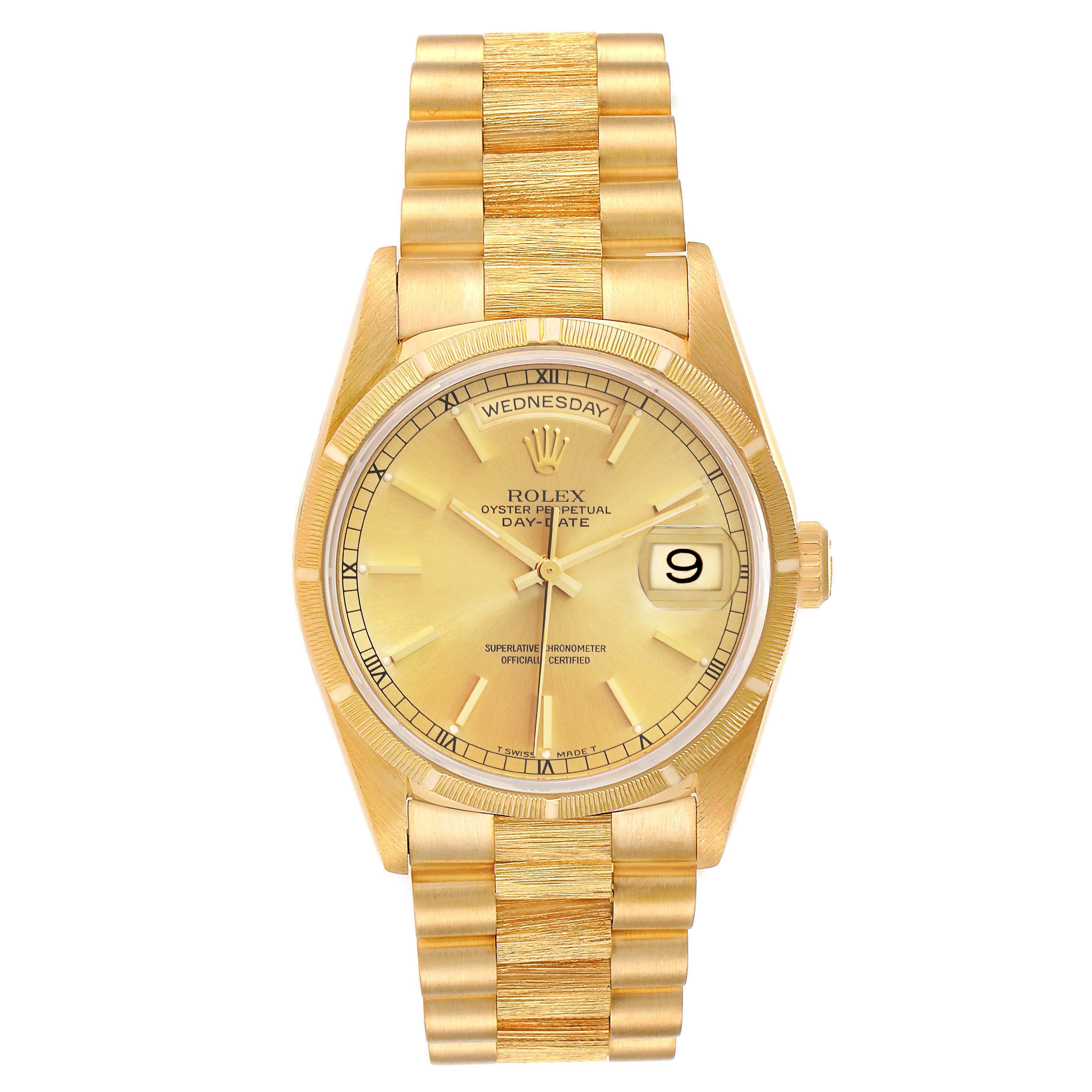 This image shows a front view of a Rolex President 18248 Men
s Yellow Gold Champagne Dial 18248 Men
s Yellow Gold Champagne Dial model watch, displaying the face, bezel, and bracelet.
