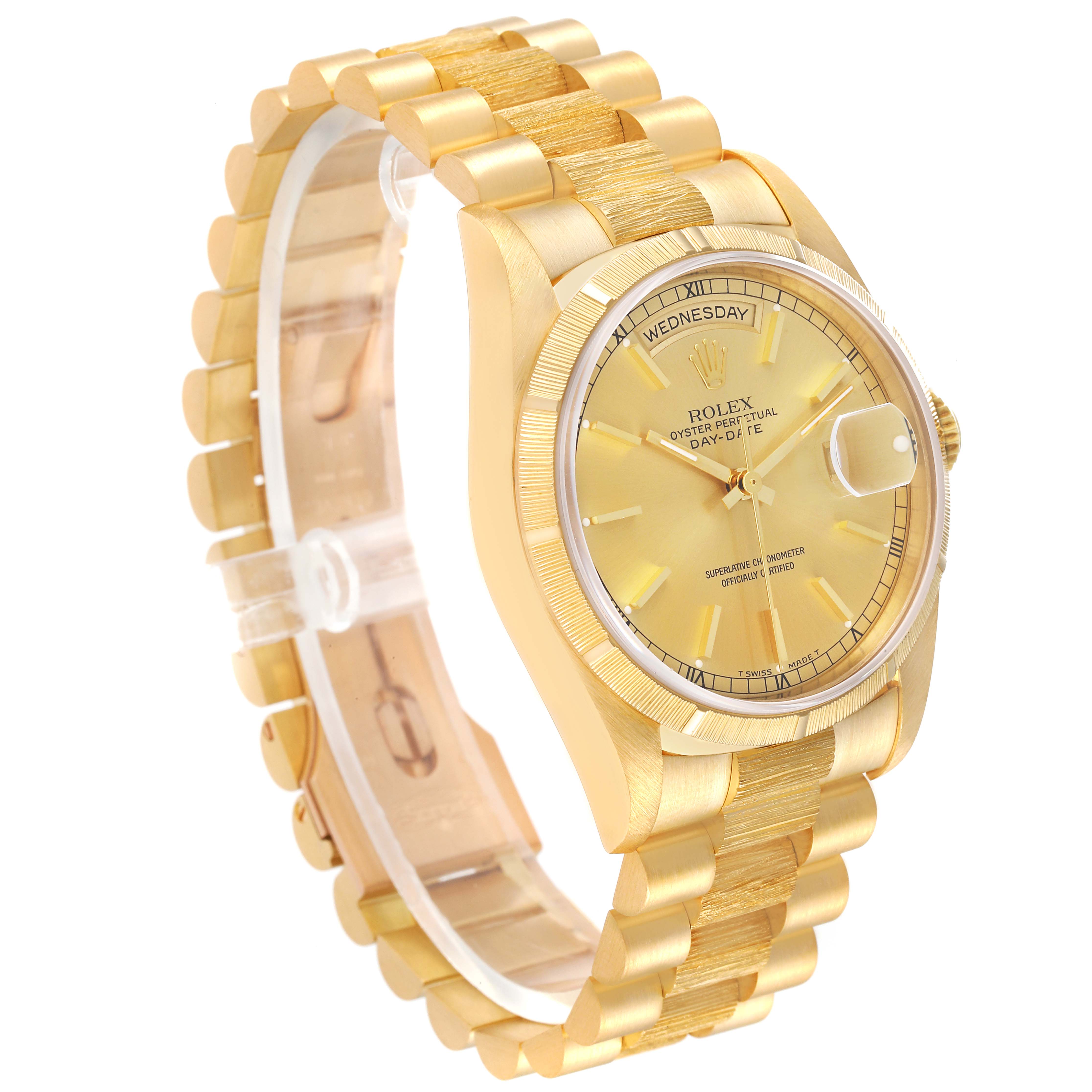 The image shows a side view of a Rolex President 18248 Men
s Yellow Gold Champagne Dial 18248 Men
s Yellow Gold Champagne Dial Oyster Perpetual Day-Date watch, displaying the band, case, face, and crown.