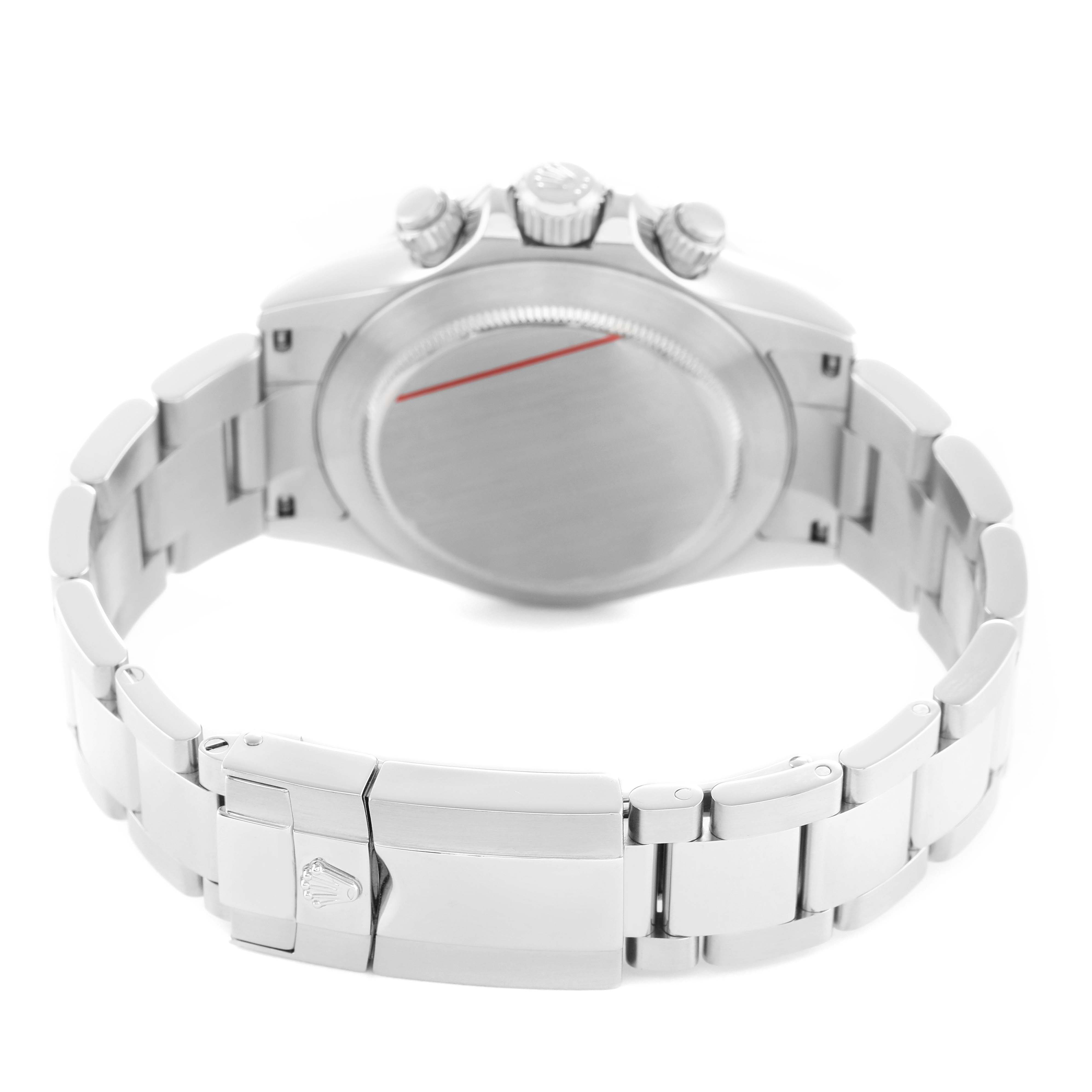 The image shows the back and clasp of a Rolex Daytona 116520 Men's Stainless Steel White Dial watch, highlighting the bracelet and case back.