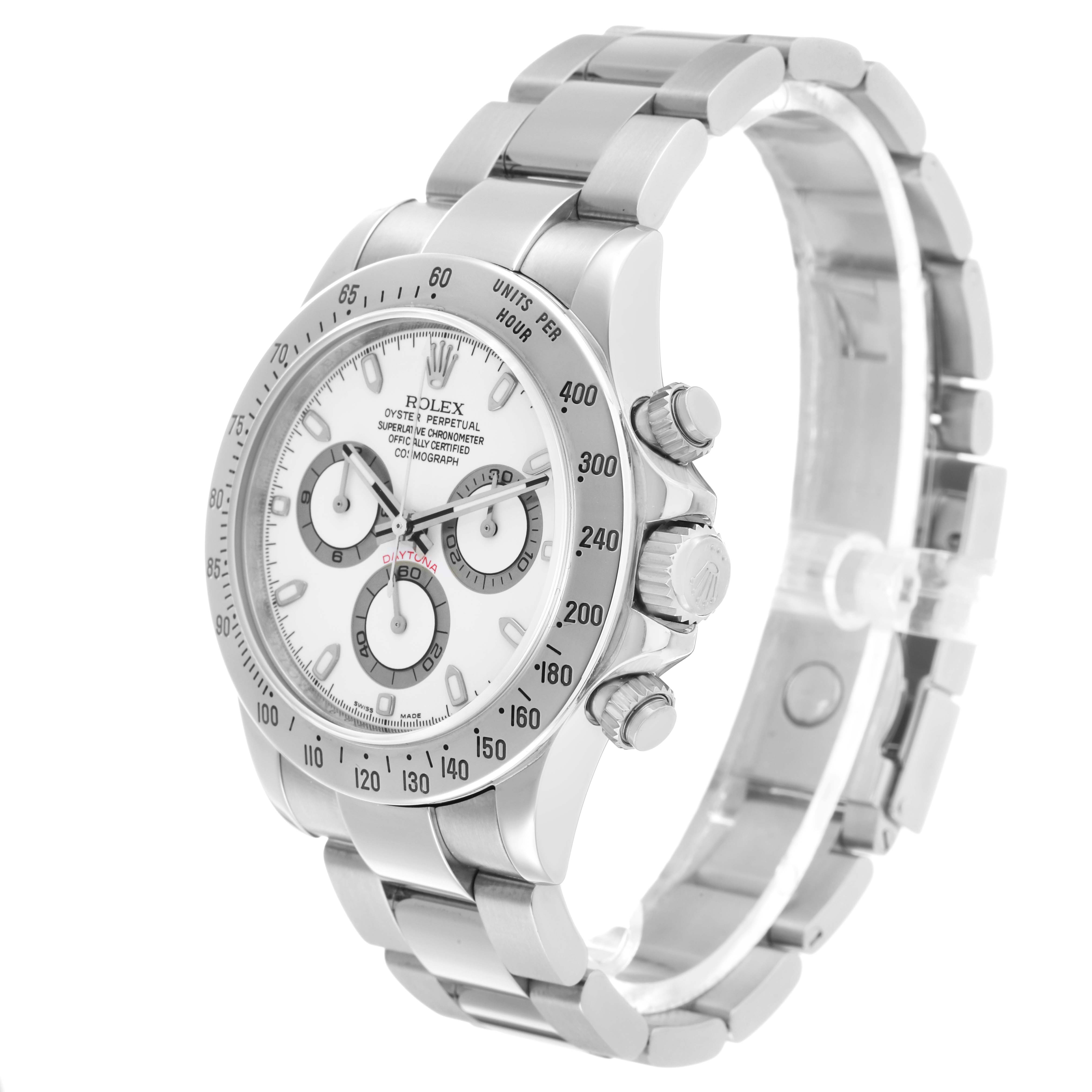 The image shows a Rolex Daytona 116520 Men's Stainless Steel White Dial watch at a three-quarter angle, highlighting the face, bezel, pushers, and bracelet.