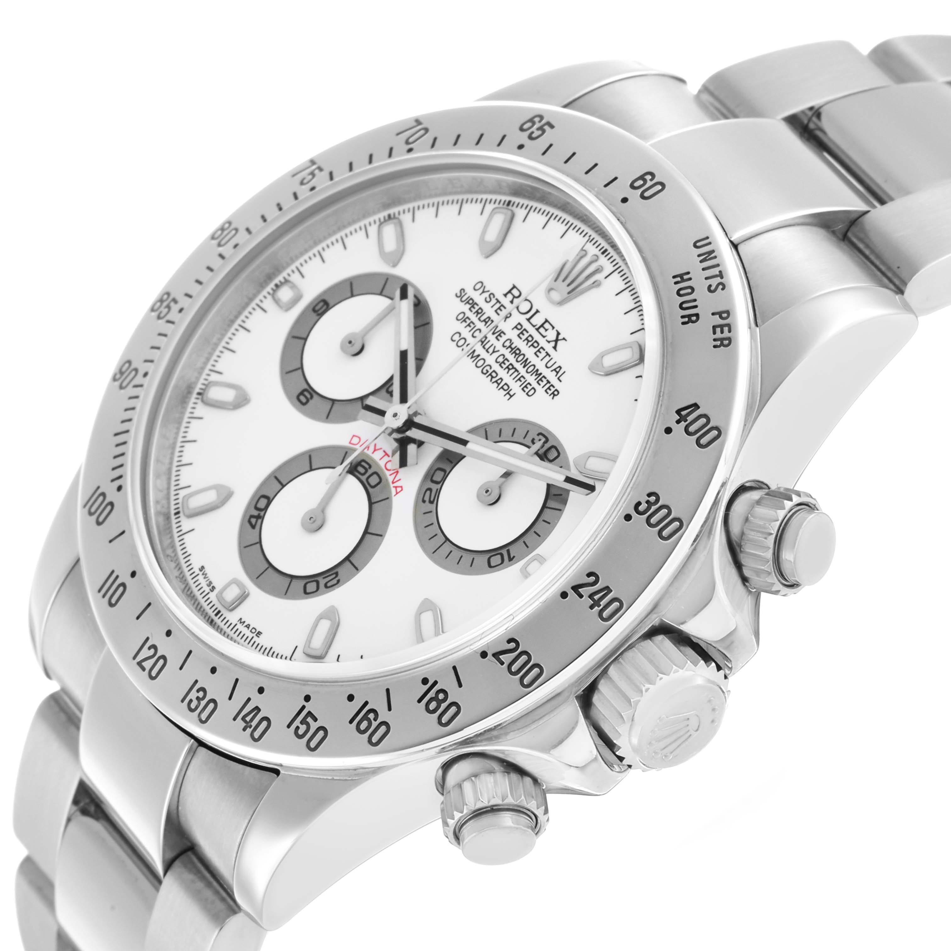The Rolex Daytona 116520 Men's Stainless Steel White Dial watch is shown at an angled side view, highlighting the bezel, crown, and pushers.