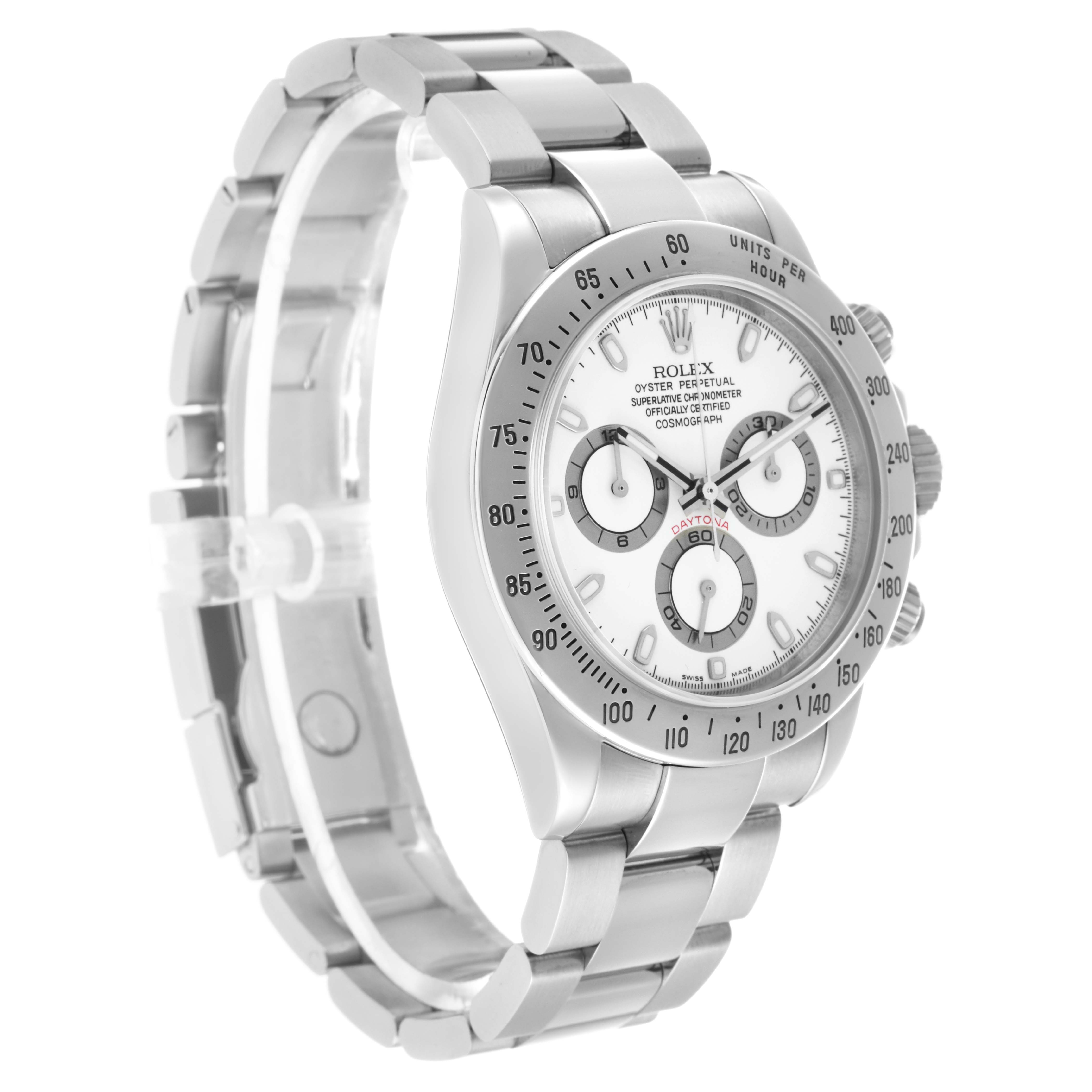 The Rolex Daytona 116520 Men's Stainless Steel White Dial watch is shown at a three-quarter angle, displaying the face, bezel, case, and bracelet.