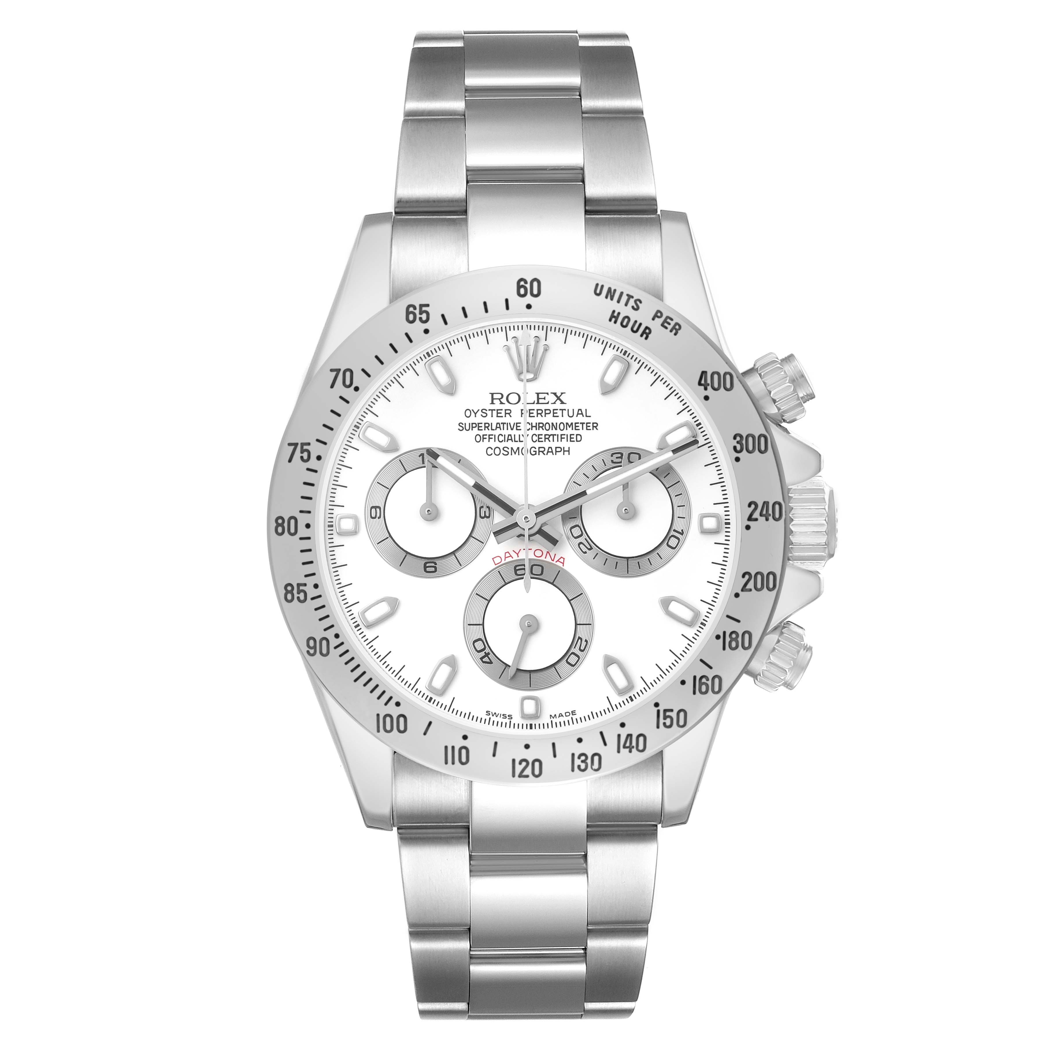 The Rolex Daytona 116520 Men's Stainless Steel White Dial watch is shown from a top-down angle, displaying its face, bezel, bracelet, and chronograph subdials.