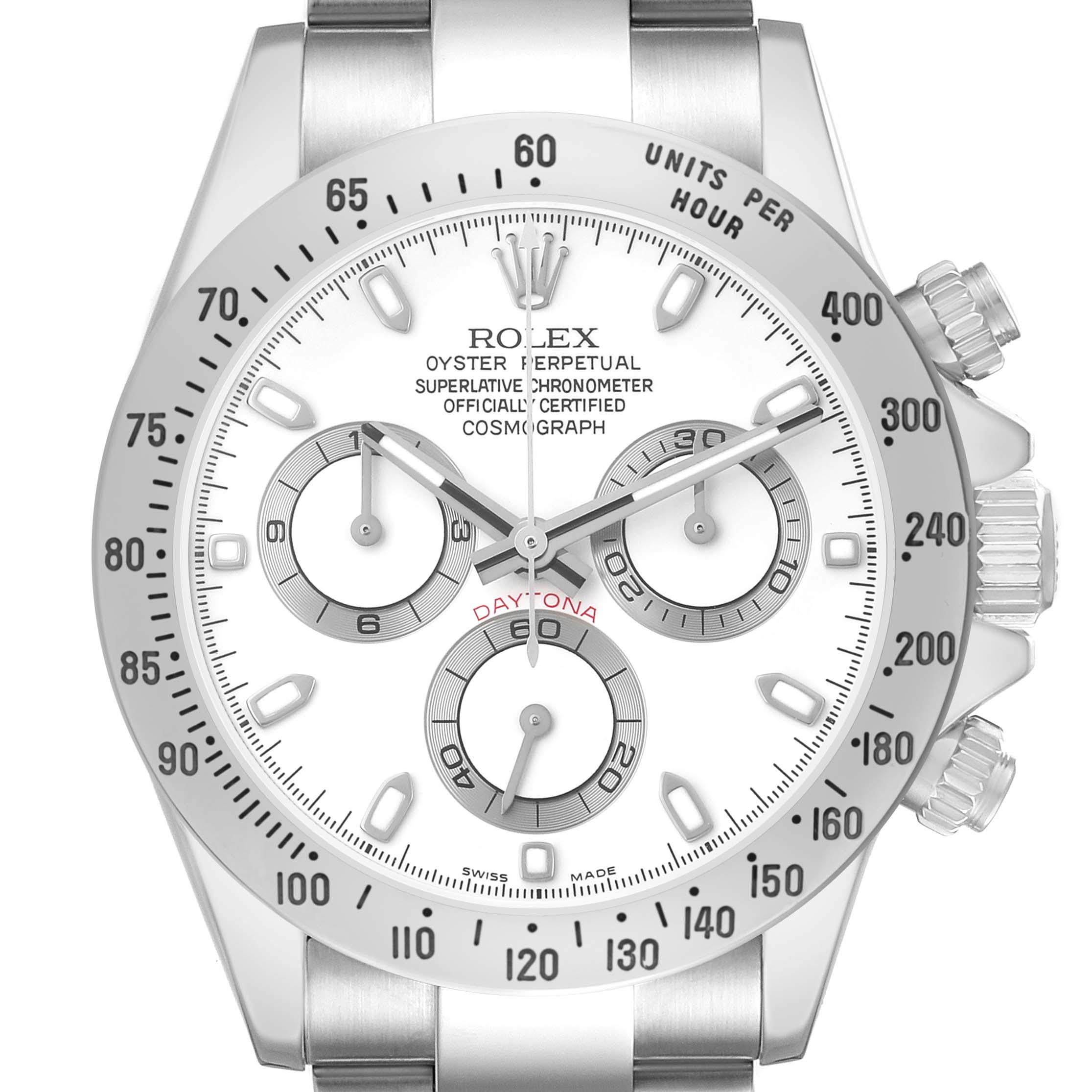 The Rolex Daytona 116520 Men's Stainless Steel White Dial watch is shown from the front, displaying the dial, bezel, and pushers.