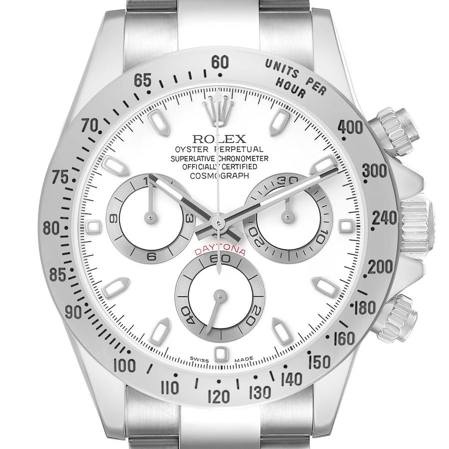 The Rolex Daytona 116520 Men's Stainless Steel White Dial watch is shown from the front, displaying the dial, bezel, and pushers.