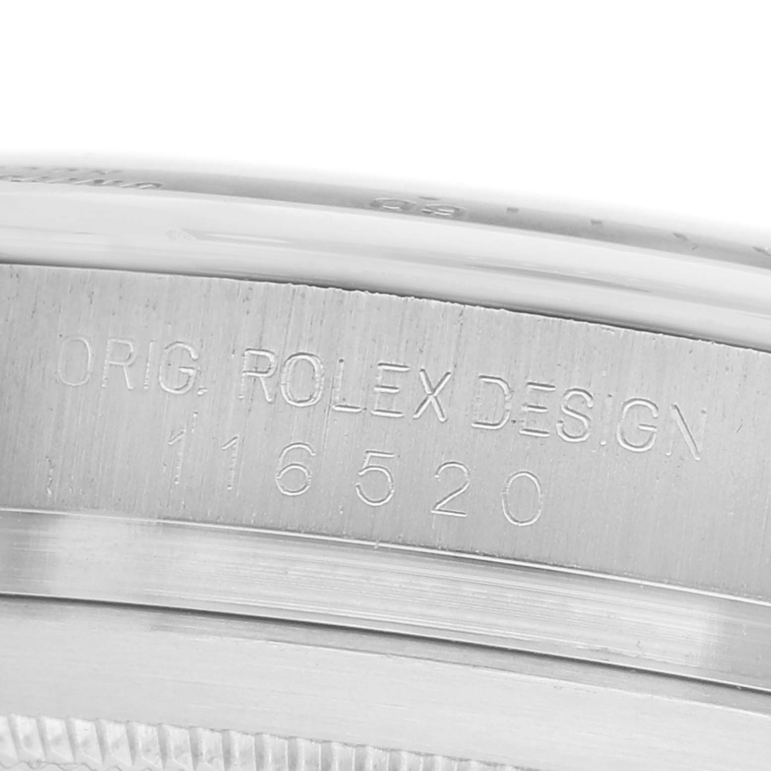 The image shows a close-up of the side of a Rolex Daytona 116520 Men's Stainless Steel White Dial watch, focusing on the engraved model number "116520."